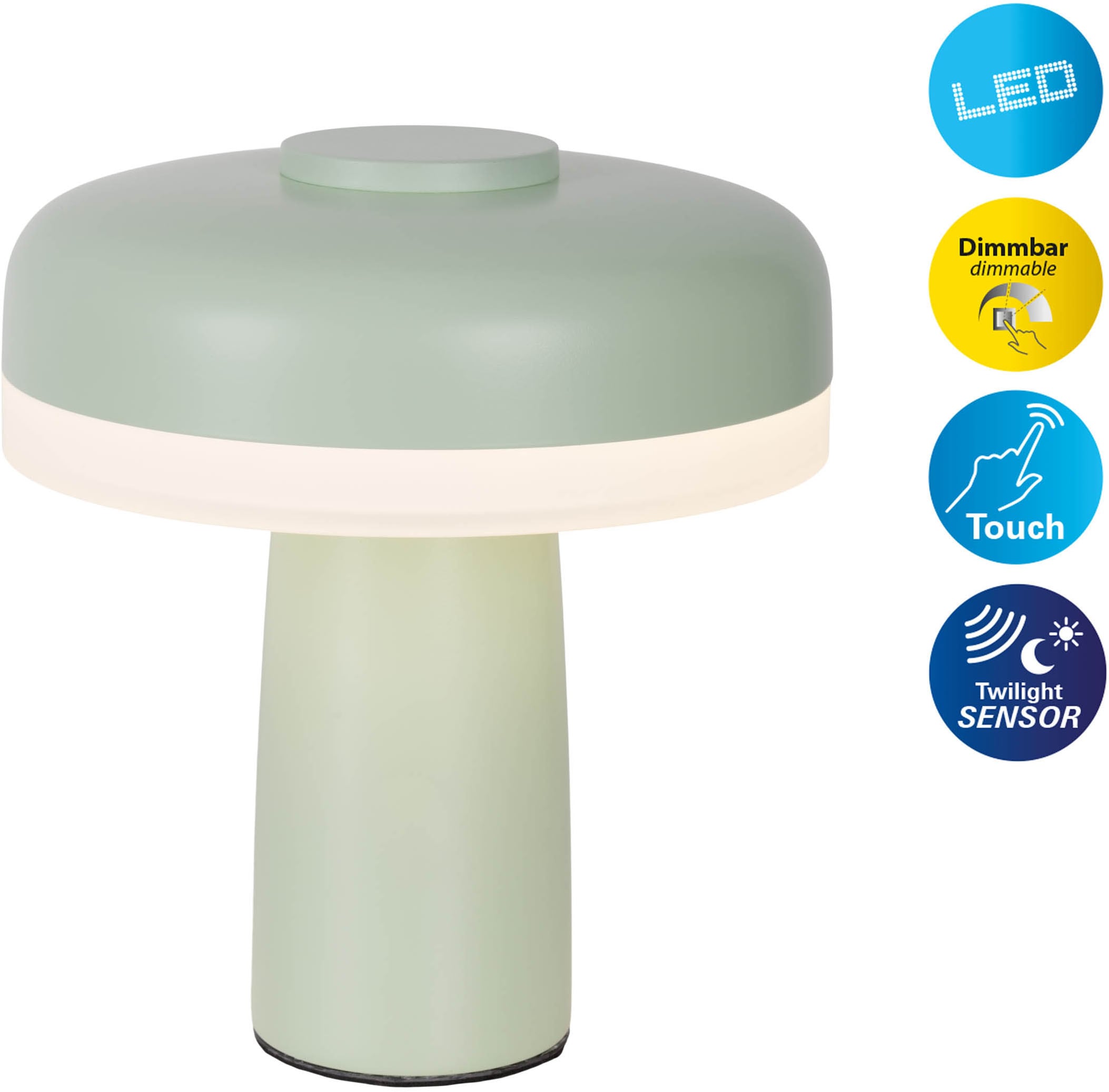 "NÄVE LED Tischleuchte ""Pilu"", grün (mint), 1, H: 16,5cm, 1 Stk., Leuchten, Akku, inkl. USB-Kabel 80cm, stufenweise dimmbar per Berührungssensor