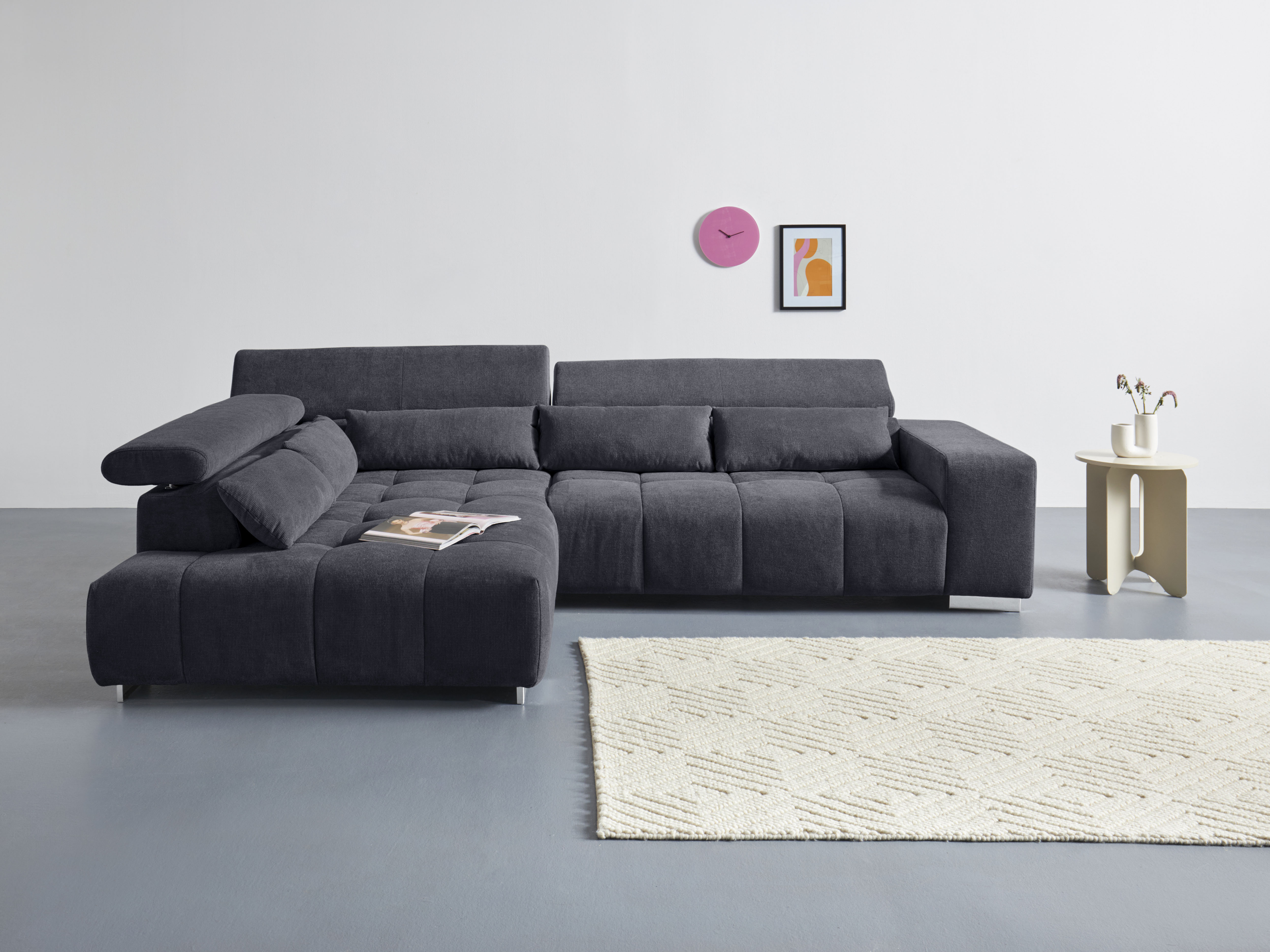 COTTA Ecksofa "Orion L-Form, B: 310 cm, moderne Steppung, bequeme Wellenunterfederung" Kopfteilverstellung & 5 Nierenkissen