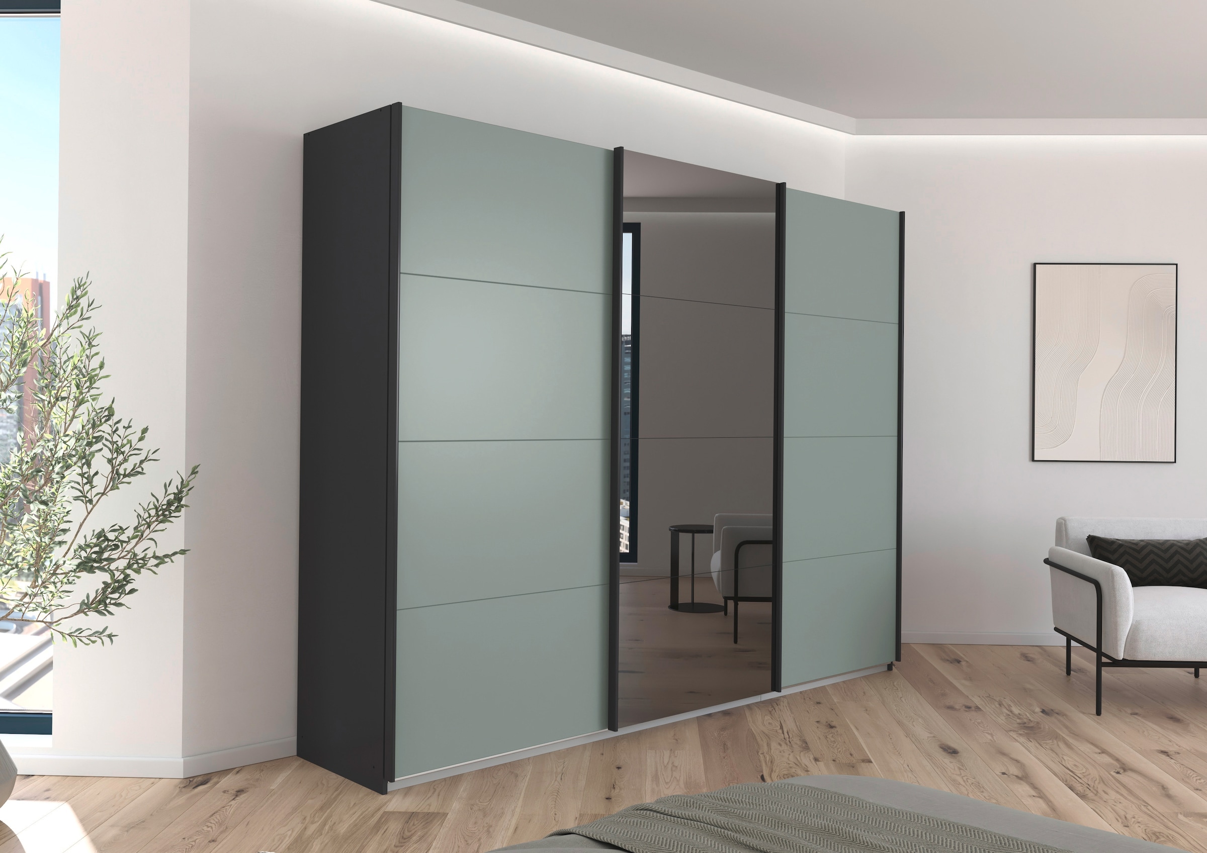 INOSIGN Schwebetürenschrank »Ferris Schrank Garderobe Breite 2,71m BESTSELLER Schlafzimmerschrank«, Kleiderschrank mit Spiegel in 3 Ausführungen BASIC/CLASSIC/PREMIUM