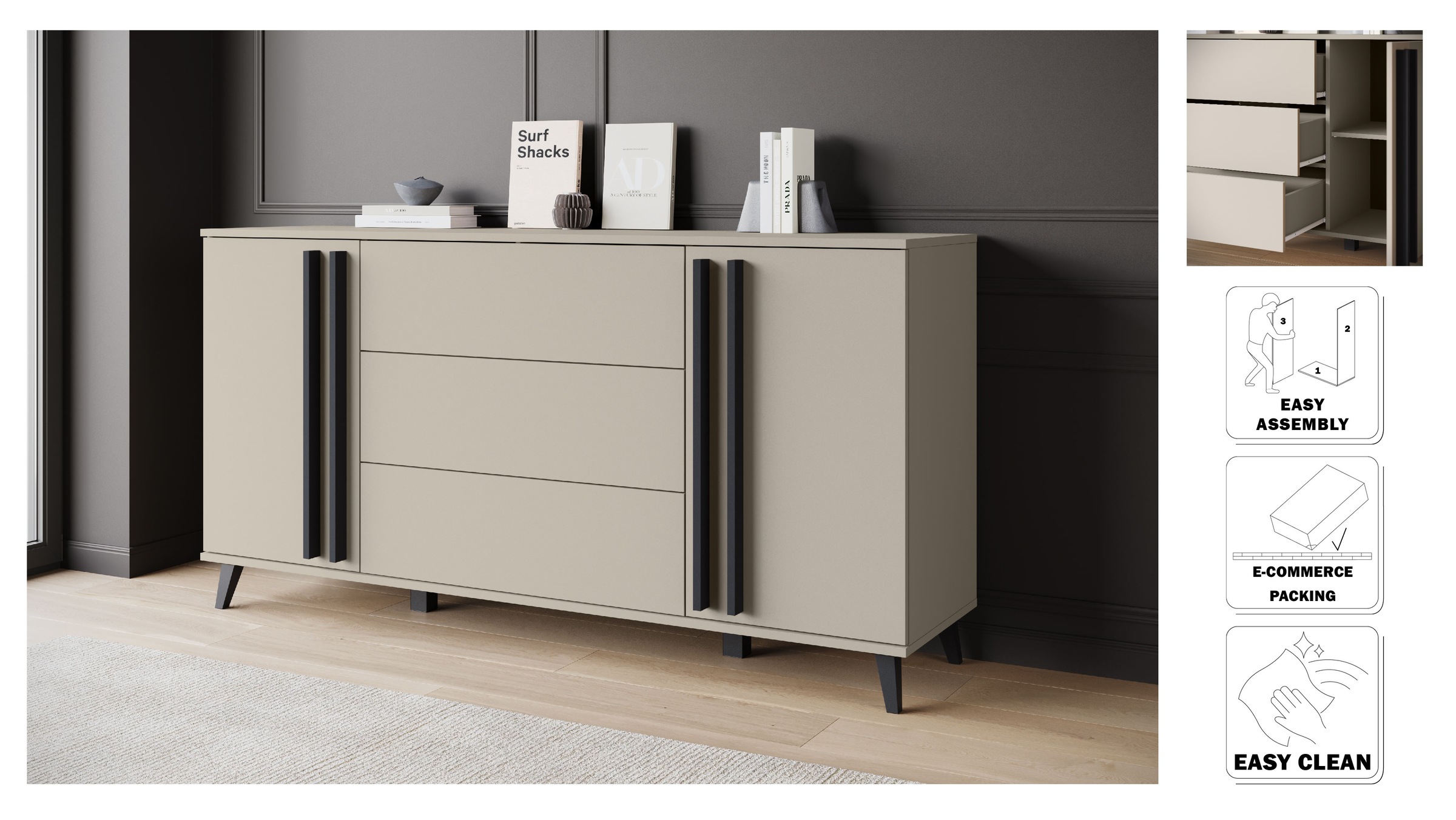 Thumbnail - Home affaire Sideboard "Helsinki, Kommode mit 2 Türen und 3 Schubladen, Breite 150 cm" 1 Stk. tlg. Push-to-Open-Schublad...