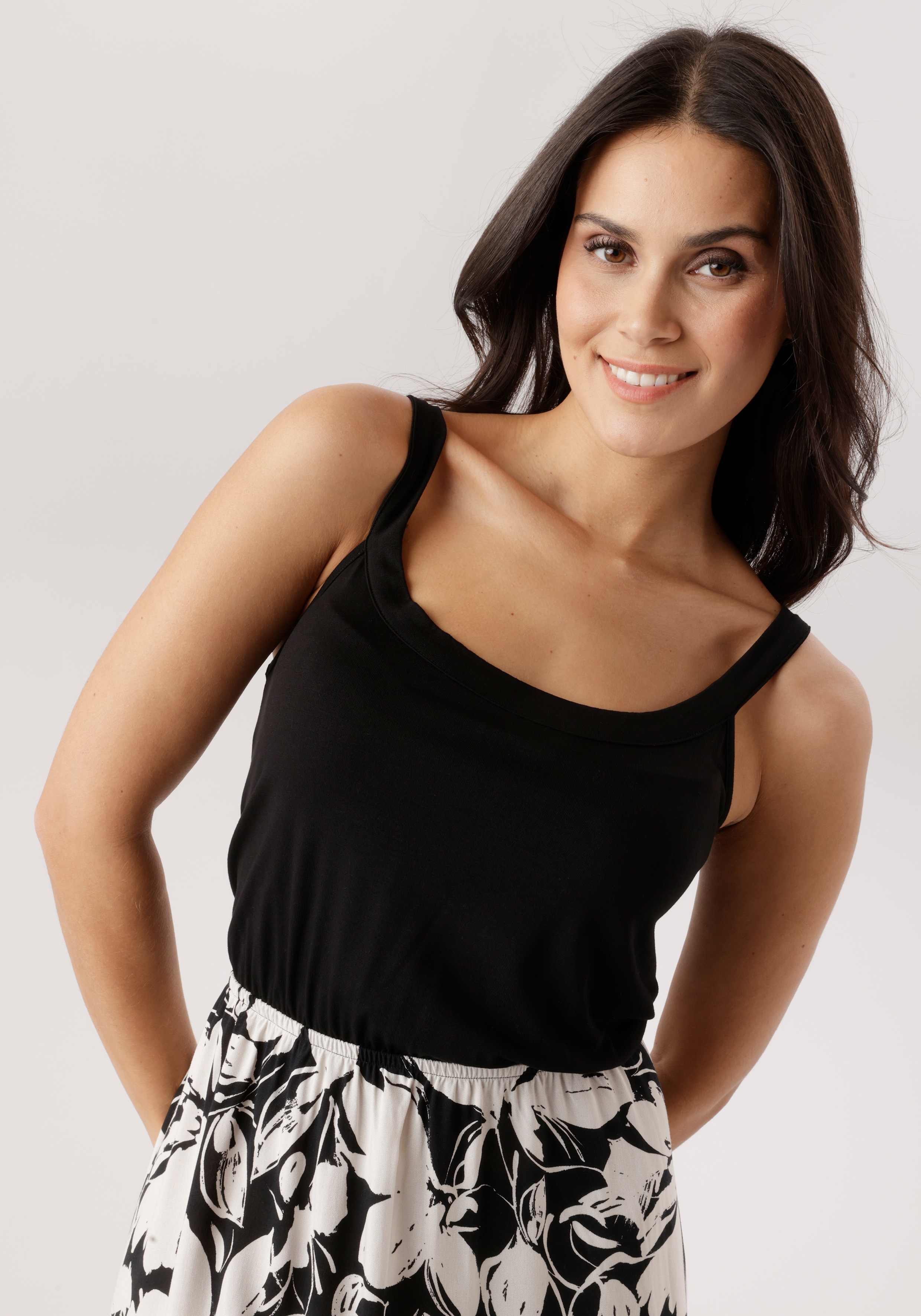 Thumbnail - Aniston SELECTED Sommerkleid unifarbenes Shirtteil und geblümten Rockteil - NEUE KOLLEKTION