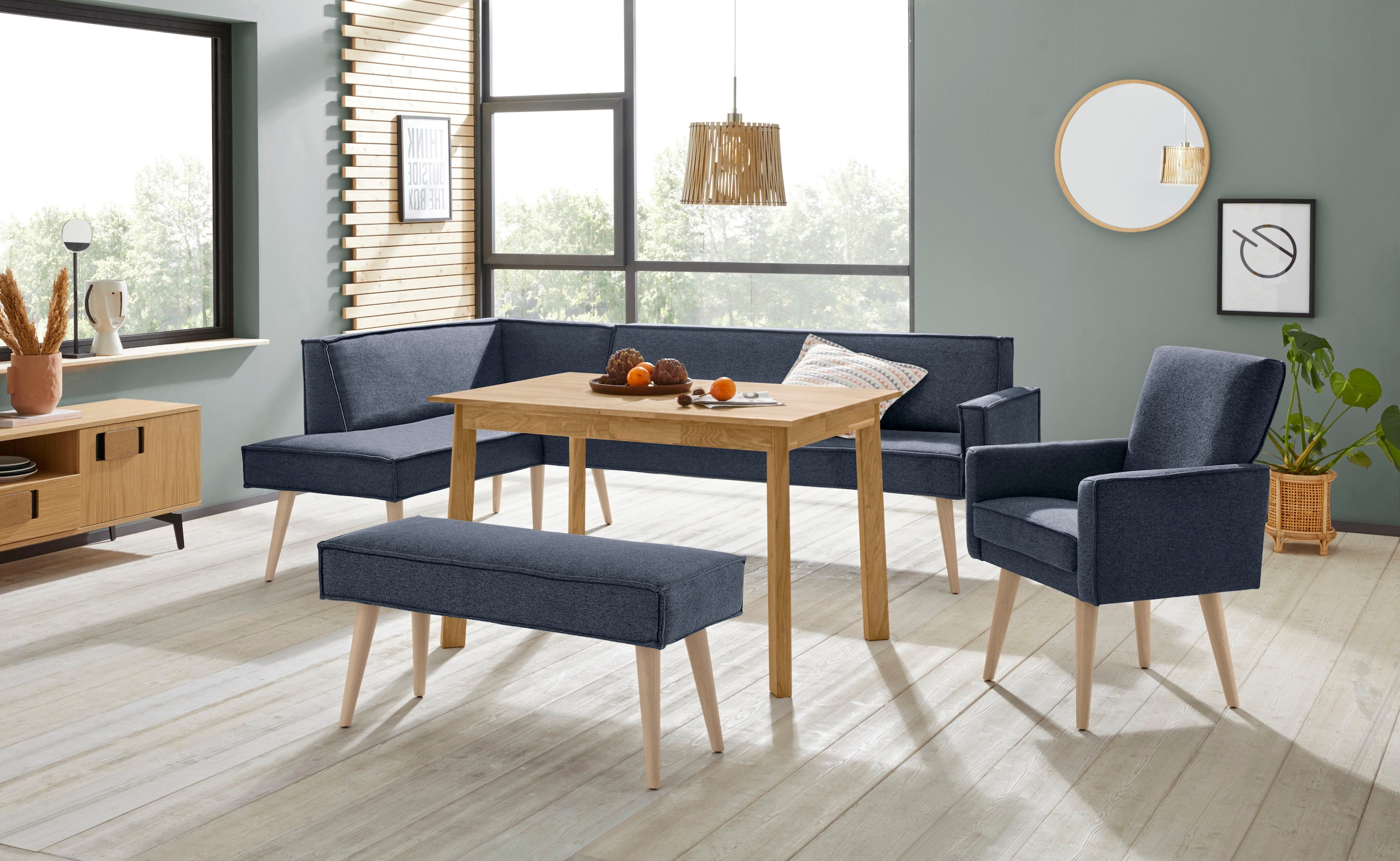 exxpo - sofa fashion Eckbank »Lungo, moderne Kedernaht, bequem und elegant, hoher Holzfuß«, hochwertige Detailverarbeitung, frei im Raum stellbar