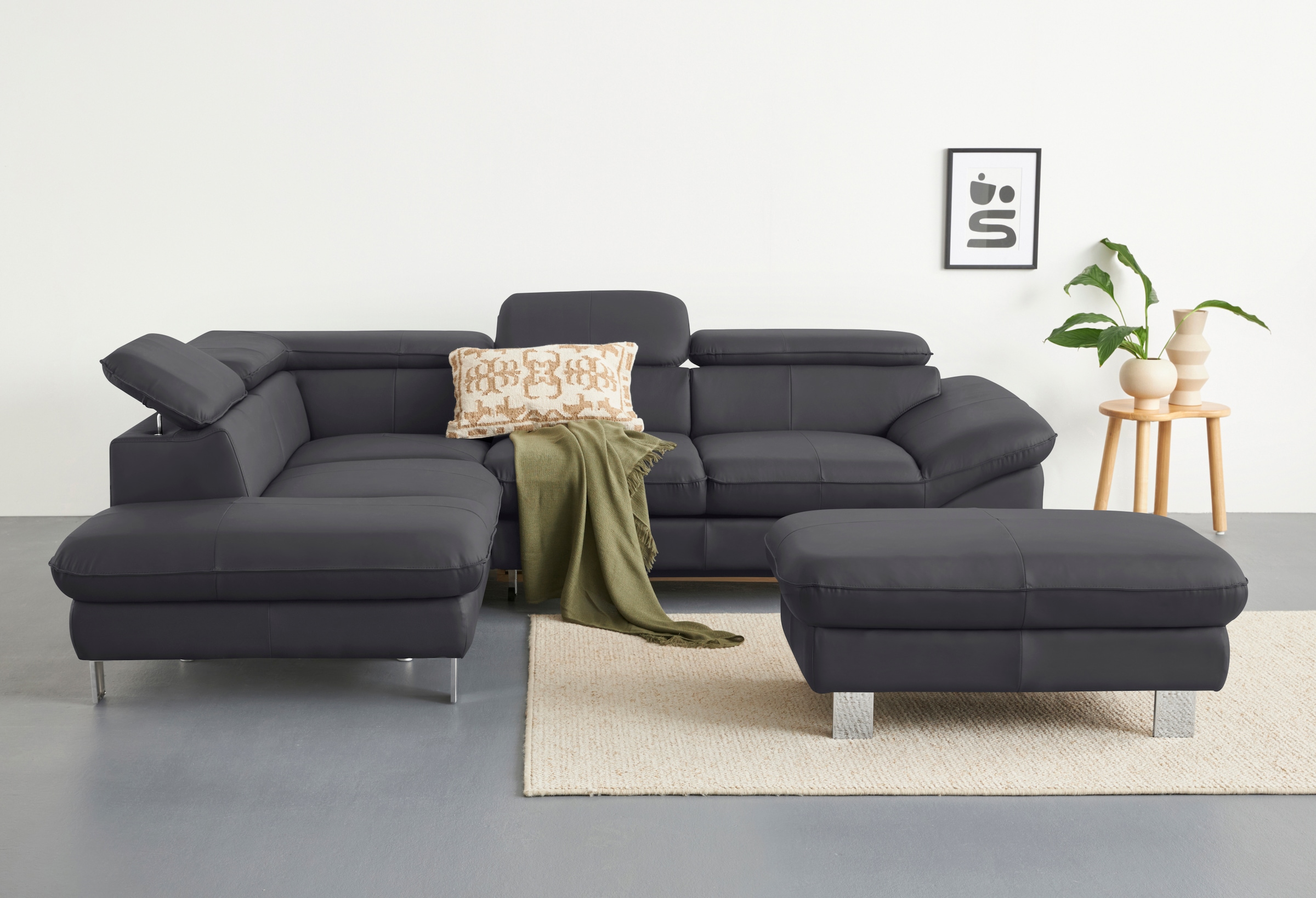 COTTA Ecksofa "Driver L-Form, B: 265 cm, moderne Couch mit Wellenunterfederung, Leder" inkl. 3x Kopfteilverstellung, optional mit Schlaffunktion + Stauraum