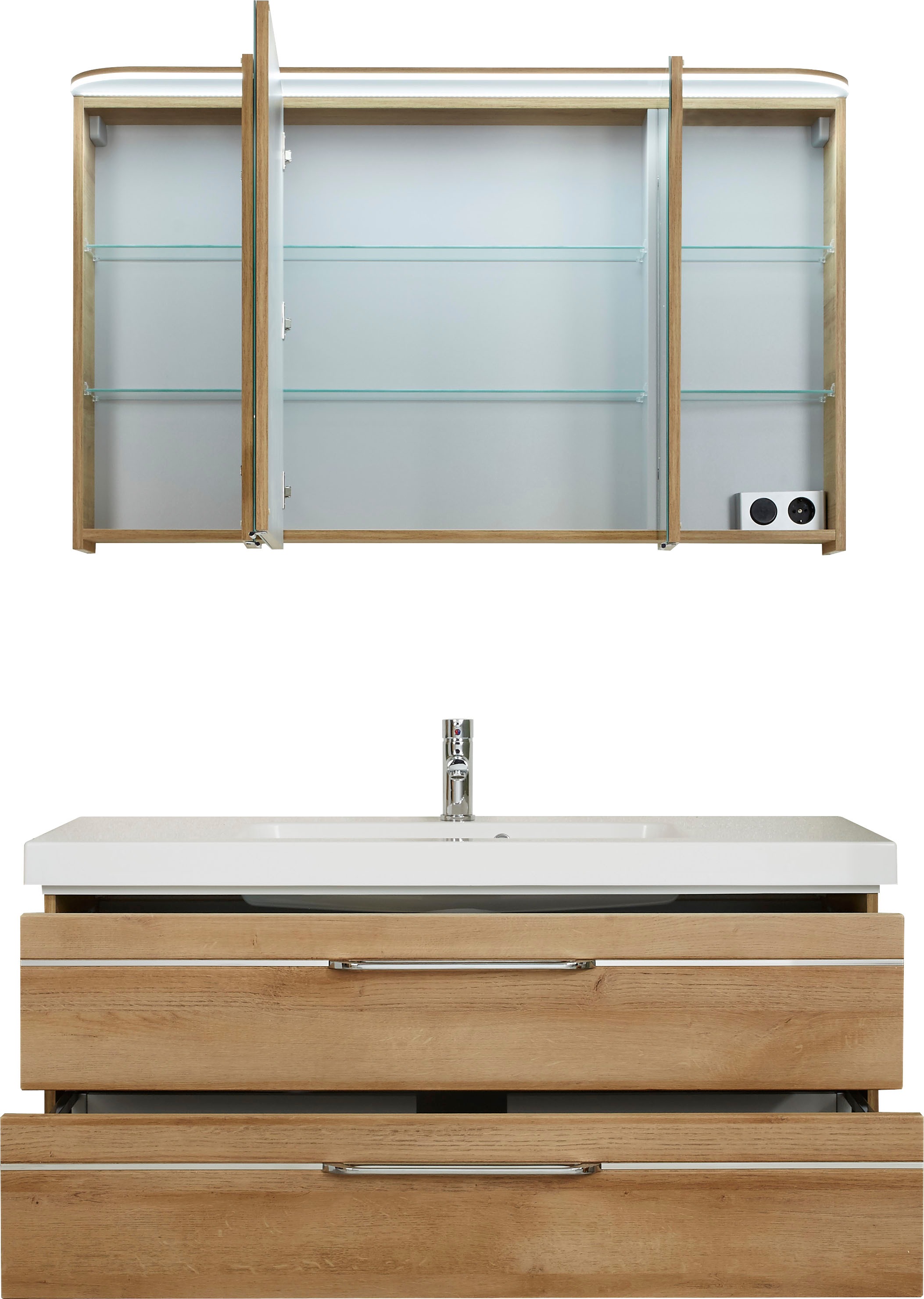 Saphir Badmöbel-Set »Balto Sprint 2-teilig, Mineralmarmor-Waschtisch mit LED-Spiegelschrank«, (2 St.), Badezimmer Set inkl. Türdämpfer, 3 Türen, 2 Schubladen