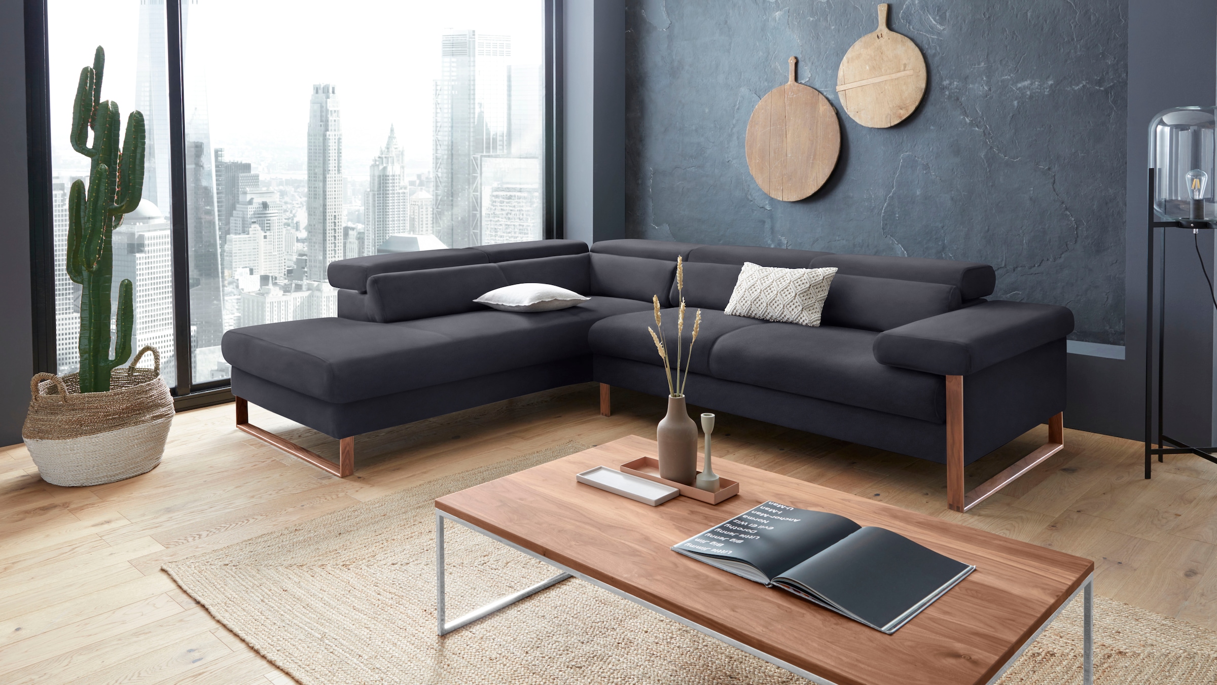 W.SCHILLIG Ecksofa "finn, Designsofa mit tollem Sitzkomfort, bequem, L-Form" German Design Award 2016, Fußgestell Nussbaum natur, Breite 281 cm