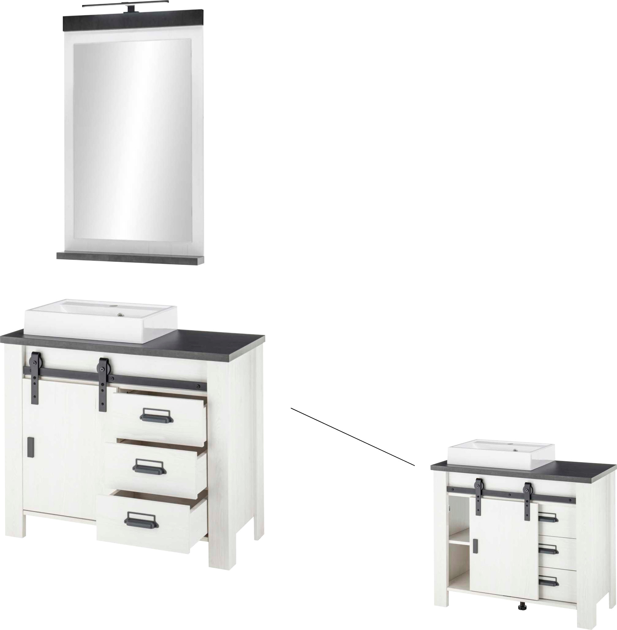 Home affaire Badmöbel-Set »SHERWOOD, Bad im modernen Design, 2-teiliges Badezimmer«, (2 St.), in 2 Farben verfügbar, Scheunentorbeschlag & Apothekergriff aus Metall