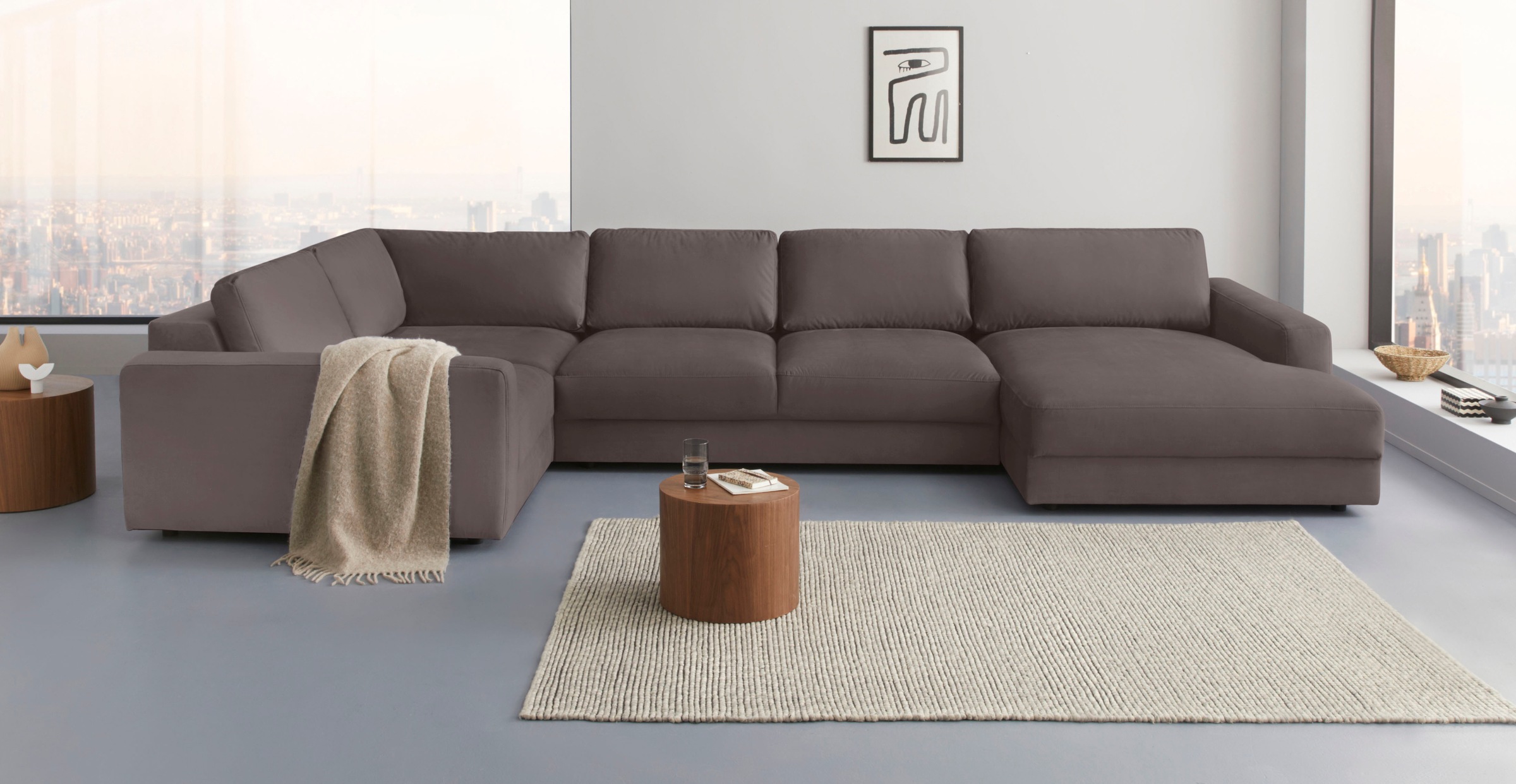 Wohnlandschaft HOME AFFAIRE "Bloomfield, Mega Polsterprogramm, Breite 405cm, viel Platz, U-Form", grau (taupe), B:405cm H:84cm T:224cm, 100% Polyester, Sofas, Wohnlandschaft, mit extra tiefer Sitzfläche, wahlweise mit Sitztiefenverstellung