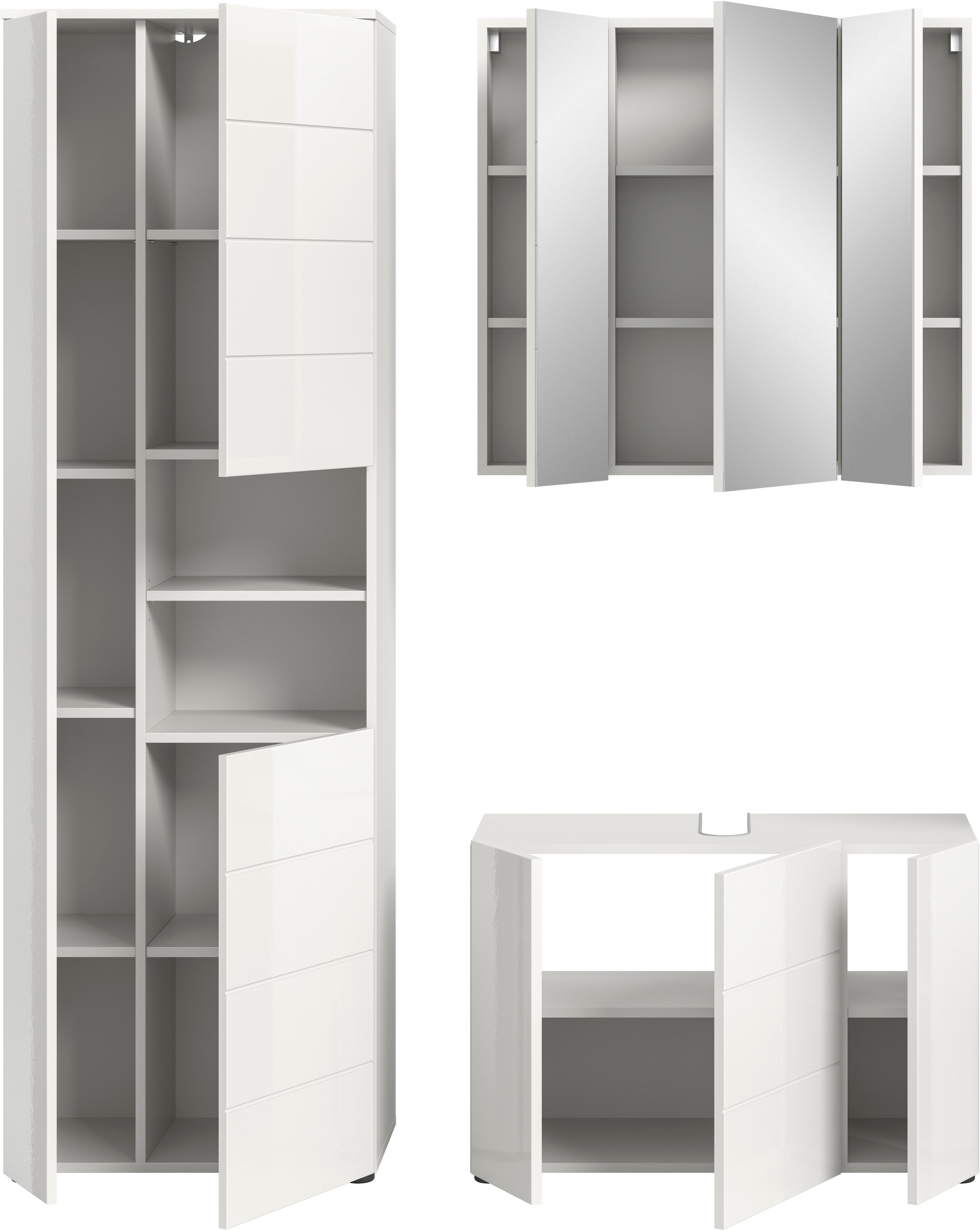 welltime Badmöbel-Set »Biel, Höhe 190 cm, Hochschrank, Unterschrank, Spiegelschrank«, (3 St.), Bad Set, modernes Design, Hochschrank, Unterschrank, Spiegel