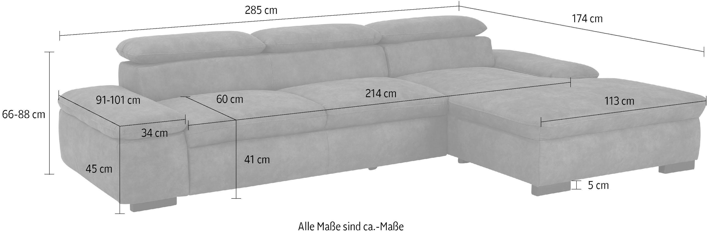 Home affaire Ecksofa »Alberto L-Form«, wahlweise mit Bettfunktion, inkl. Kopfteilverstellung, mit Recamiere