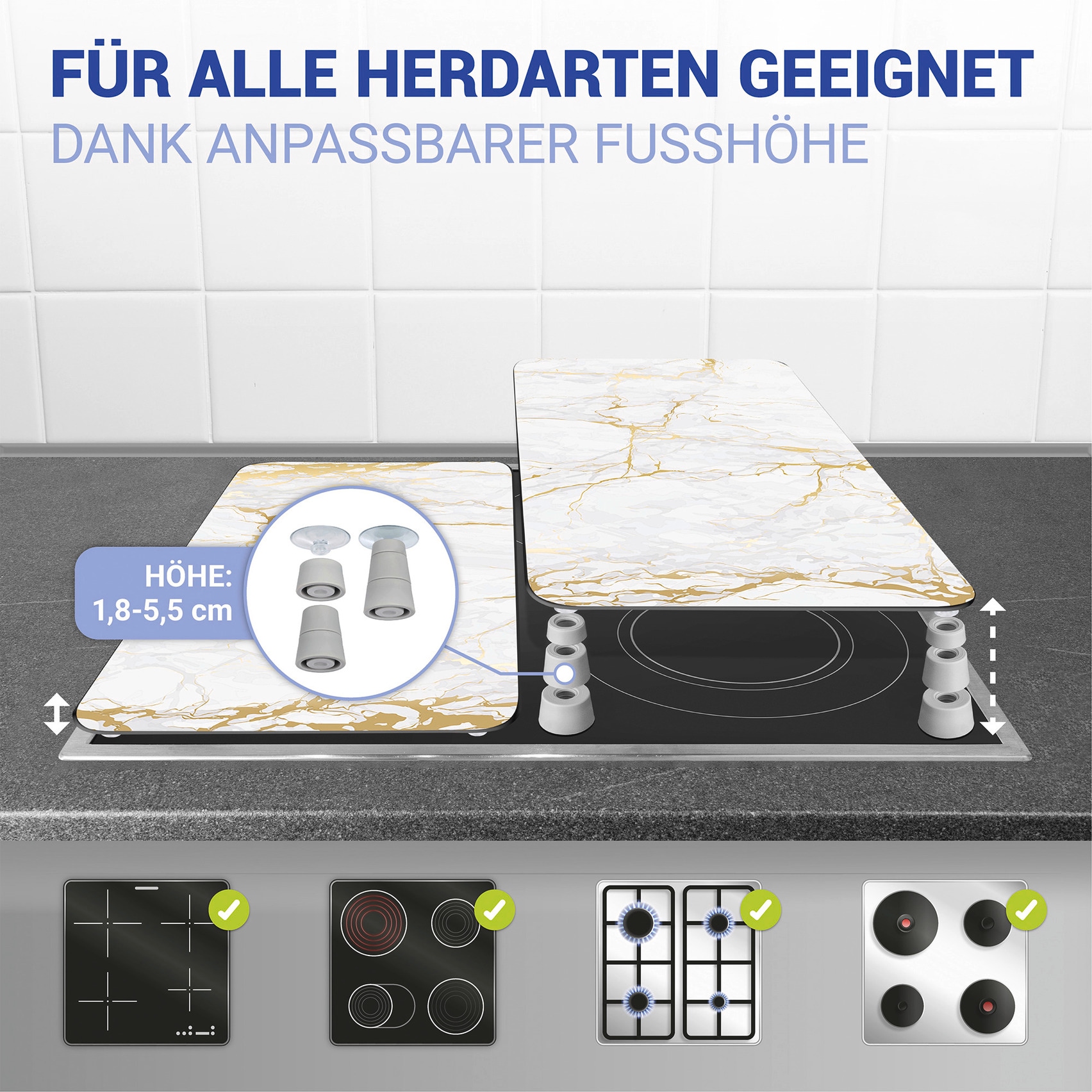 WENKO Herd-Abdeckplatte »Universal Modell Marmor Gold«, (Set, 2 tlg.), Herdabdeckung für alle Herdarten, kratzfest, mit rutschfesten Füßen