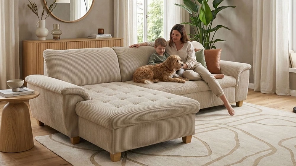 OTTO home "Eggery 279 x 162 cm, auch mit Schlaffunktion & Bettkasten, Holzfüße" L-Form, aus haustierfreundlichem Pet Friendly Cord