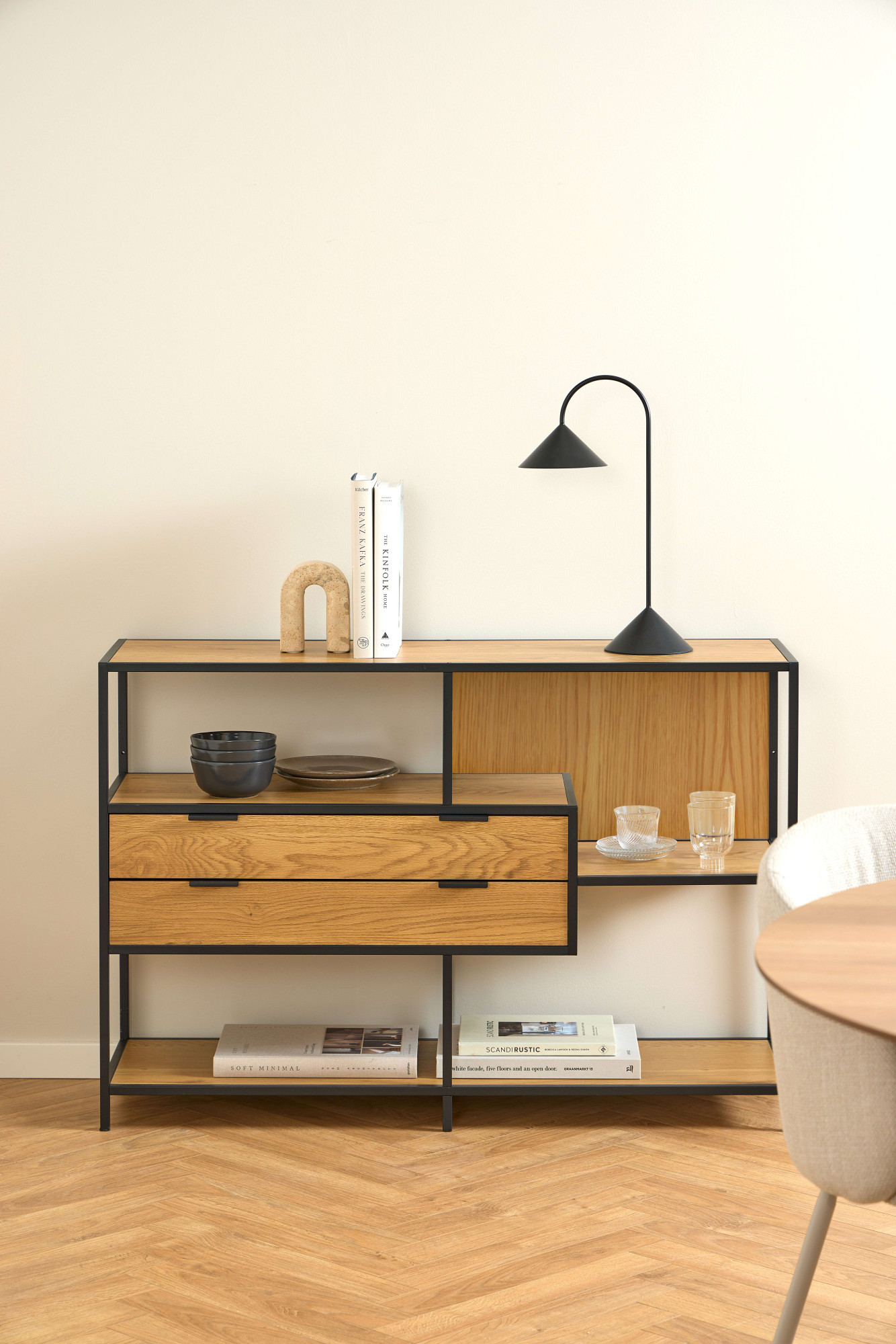 ACTONA GROUP Regal "Seaford, Standregal, Regal, Raumteiler" 114x35x78 cm, schwarzer Stahlrahmen, 2 Schubladen, Wendemodul, Breite 114 cm