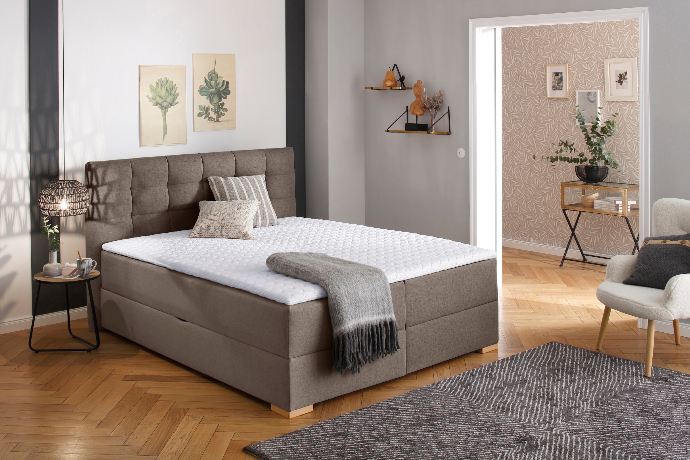 Boxbett HOME AFFAIRE "Olivet mit Bettkasten", braun (hellbraun), B:174cm L:230cm, Komplettbetten, in 4 Farben, 4 Breiten, 2 Matratzenarten, auch in Überlänge 220 cm