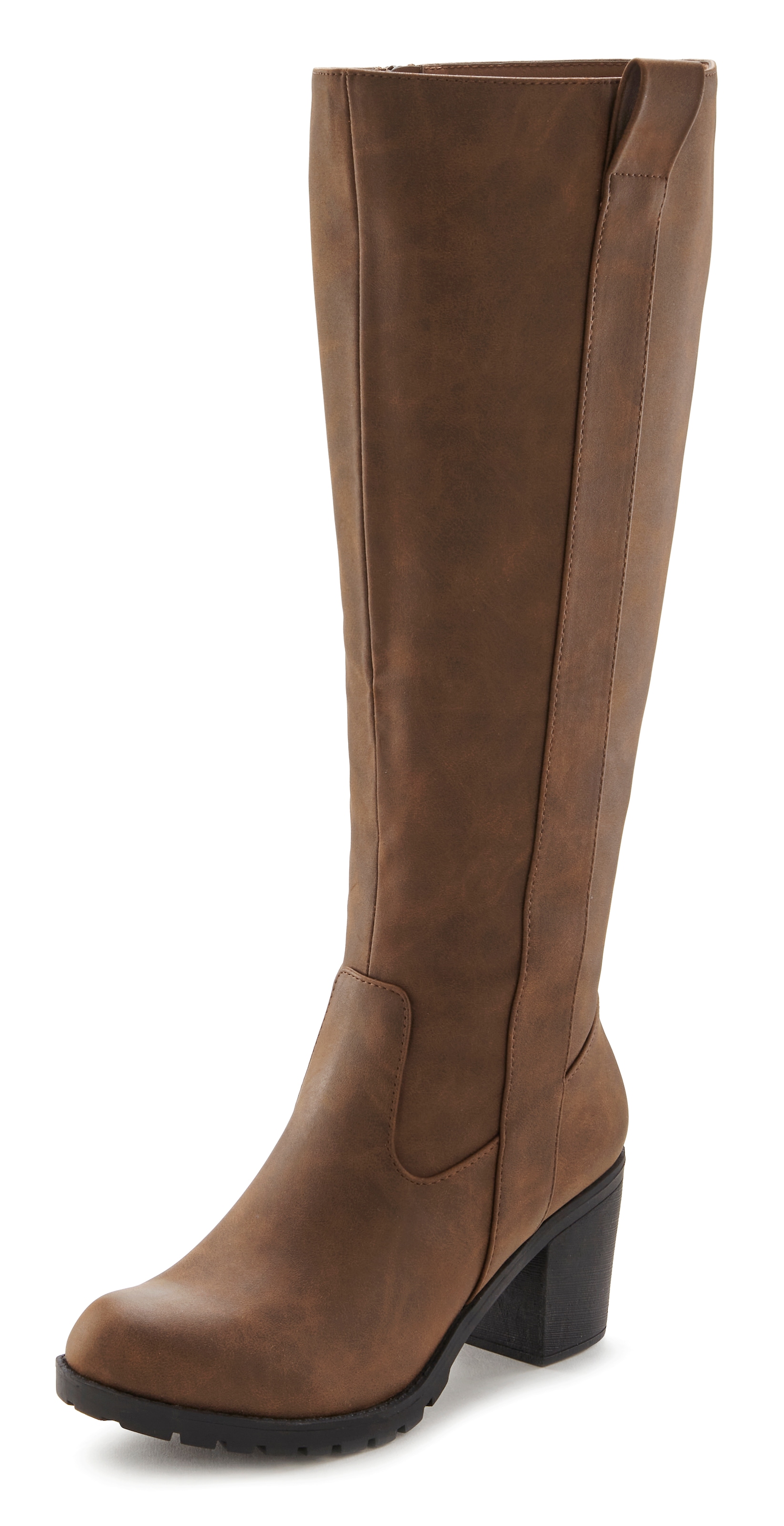 LASCANA Weitschaftstiefel, Stiefel, Stiefelette, langer Stiefel, Blockabsatz, Cowboy Stil VEGAN