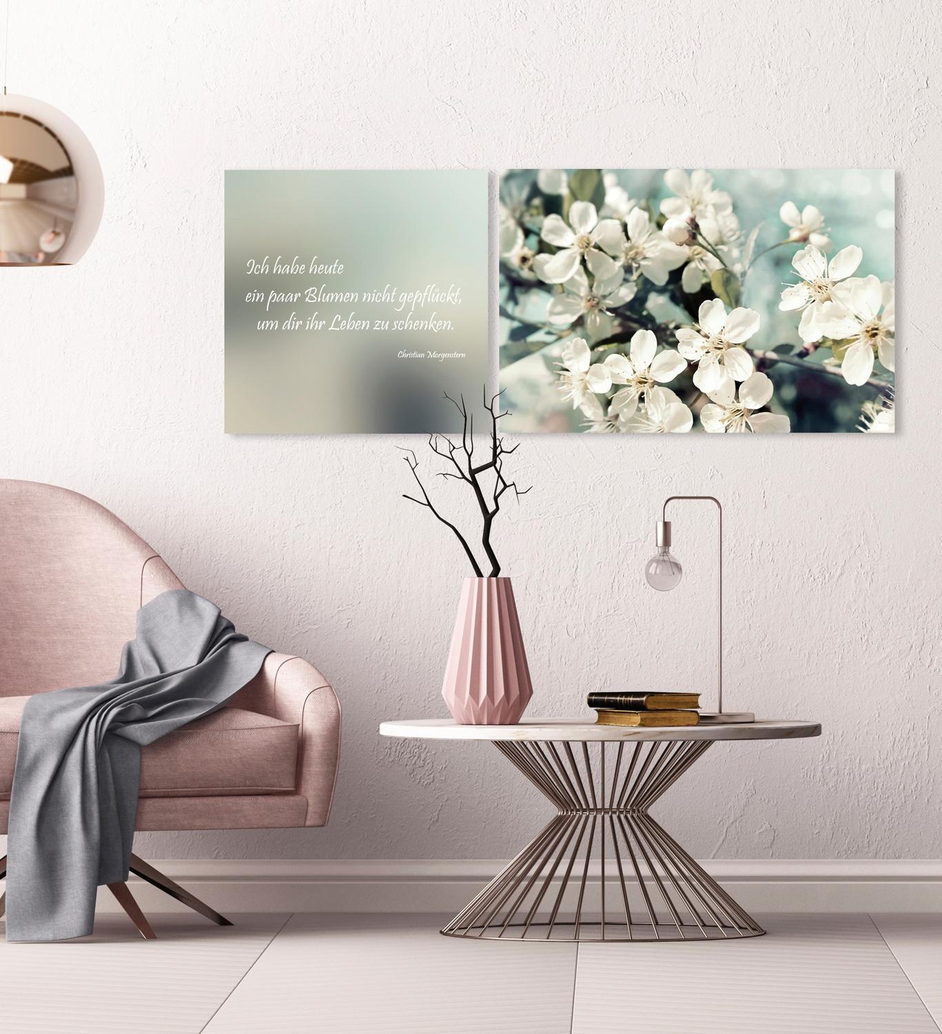 queence Leinwandbild »Leben geschenkt«, Blumen-Blumenbilder-Kunst-Modern-Spa-Spa Bilder-Sprüche-Sprüche & Texte-Schriftzug-Schriftzüge, (Set), Premium-Leinwandstoff, Handarbeit aus Deutschland, Zitat, 2er Set