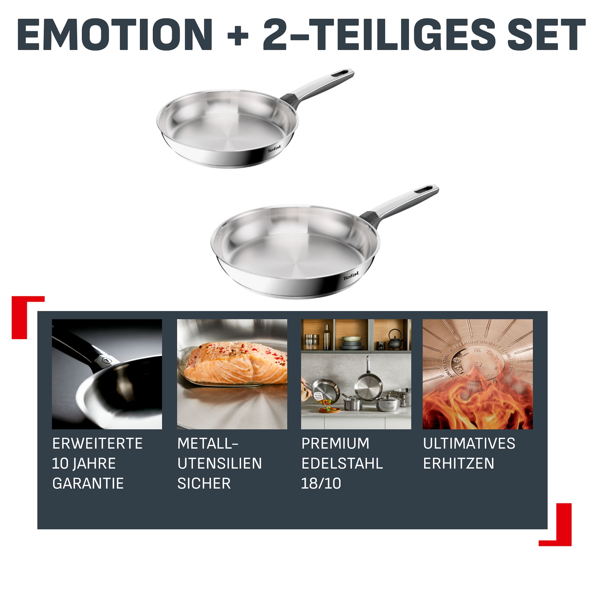 Tefal Pfannen-Set »Emotion+« Edelstahl Set, je 1 Pfanne 24/28 cm, 2 tlg. Premium Edelstahl, Induktion, spülmaschinenfest, hochglanzpoliert