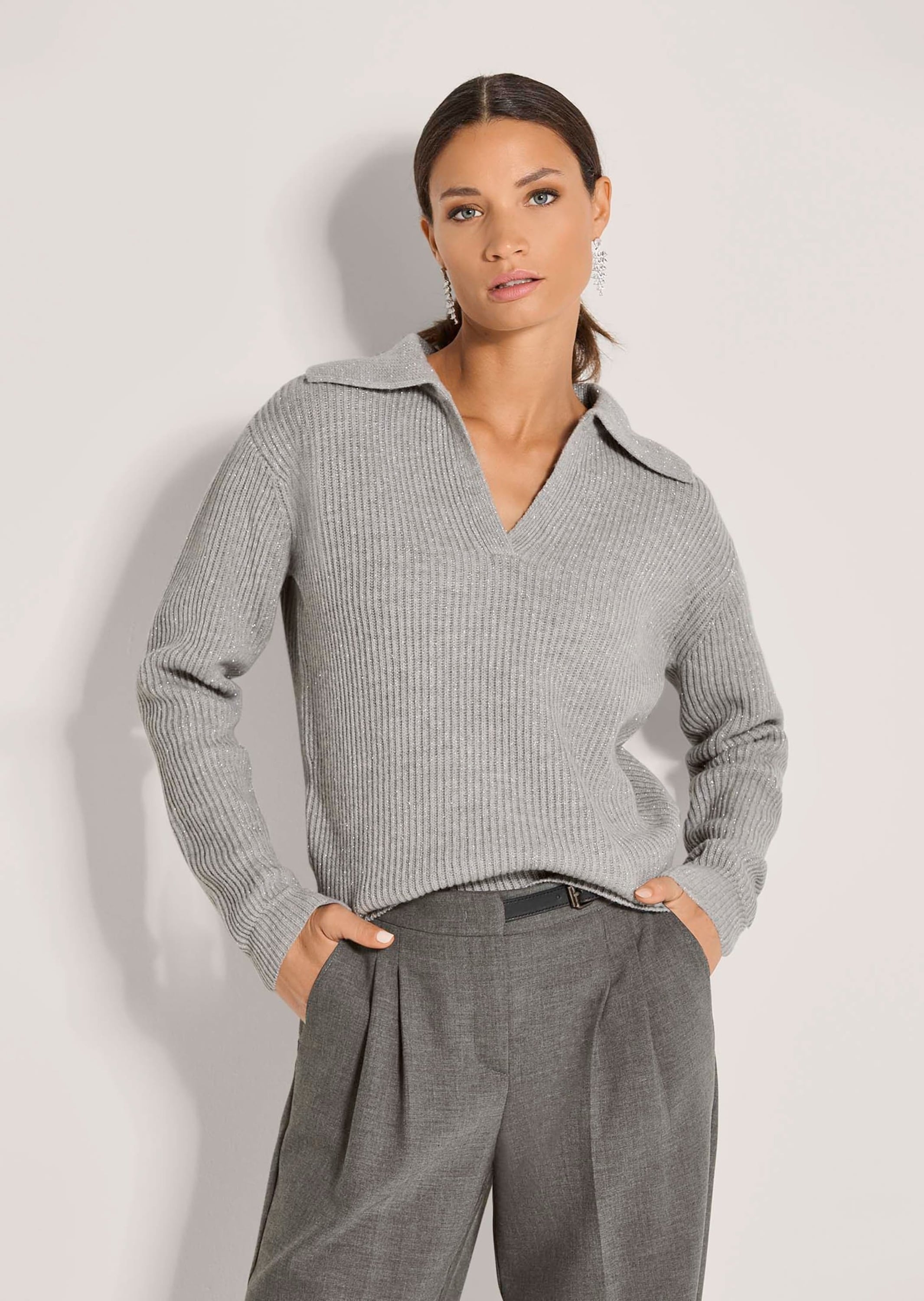 MADELEINE Longpullover »Pullover Patentstrick-Pullover mit Polo-Kragen«