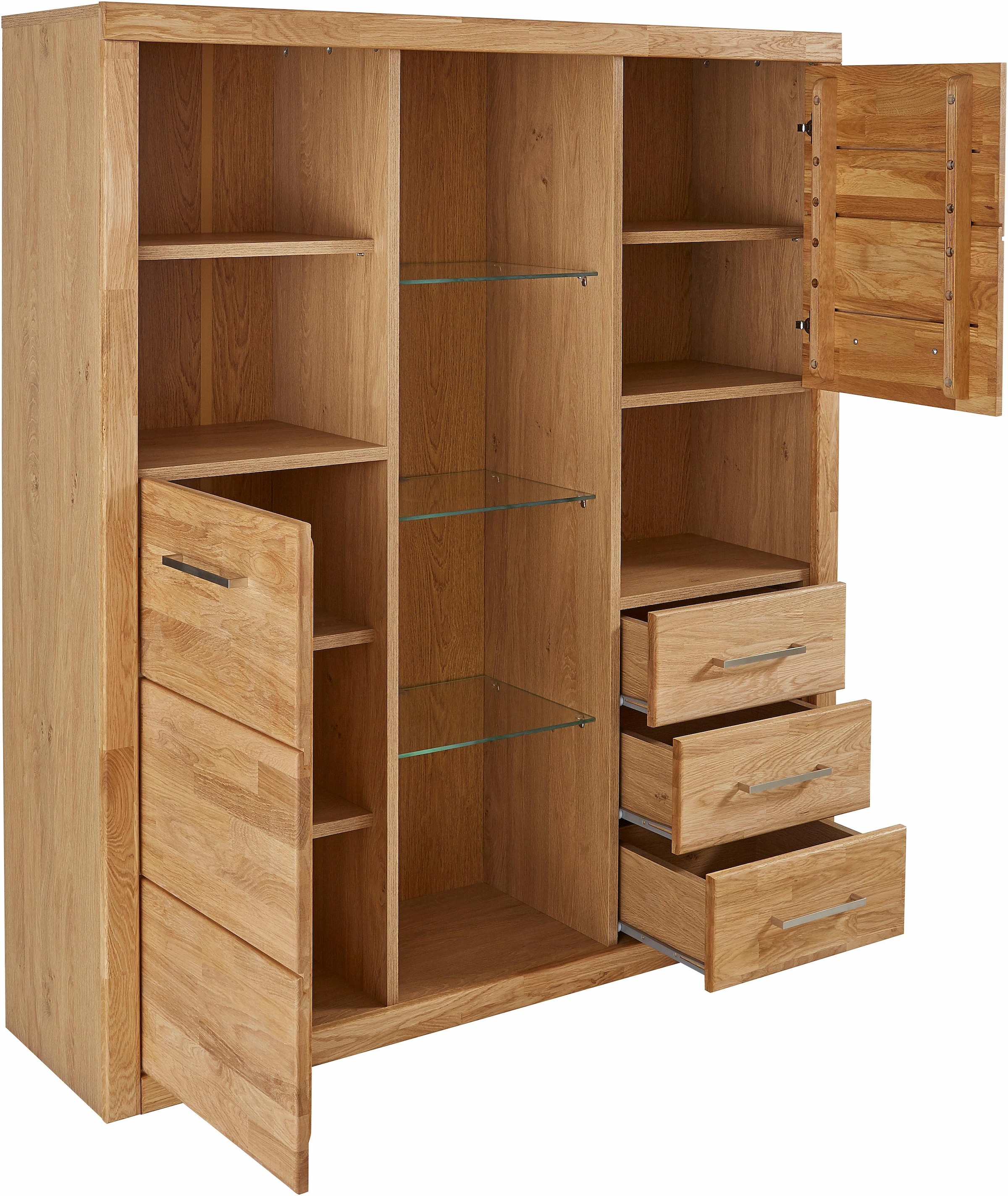 Home affaire Highboard »Ribe,130cm breit145cm hoch,Fronten Massivholz,12 Fächer«, Korpus aus Holzwerkstoff, Metall Griffe,Böden versetzbar