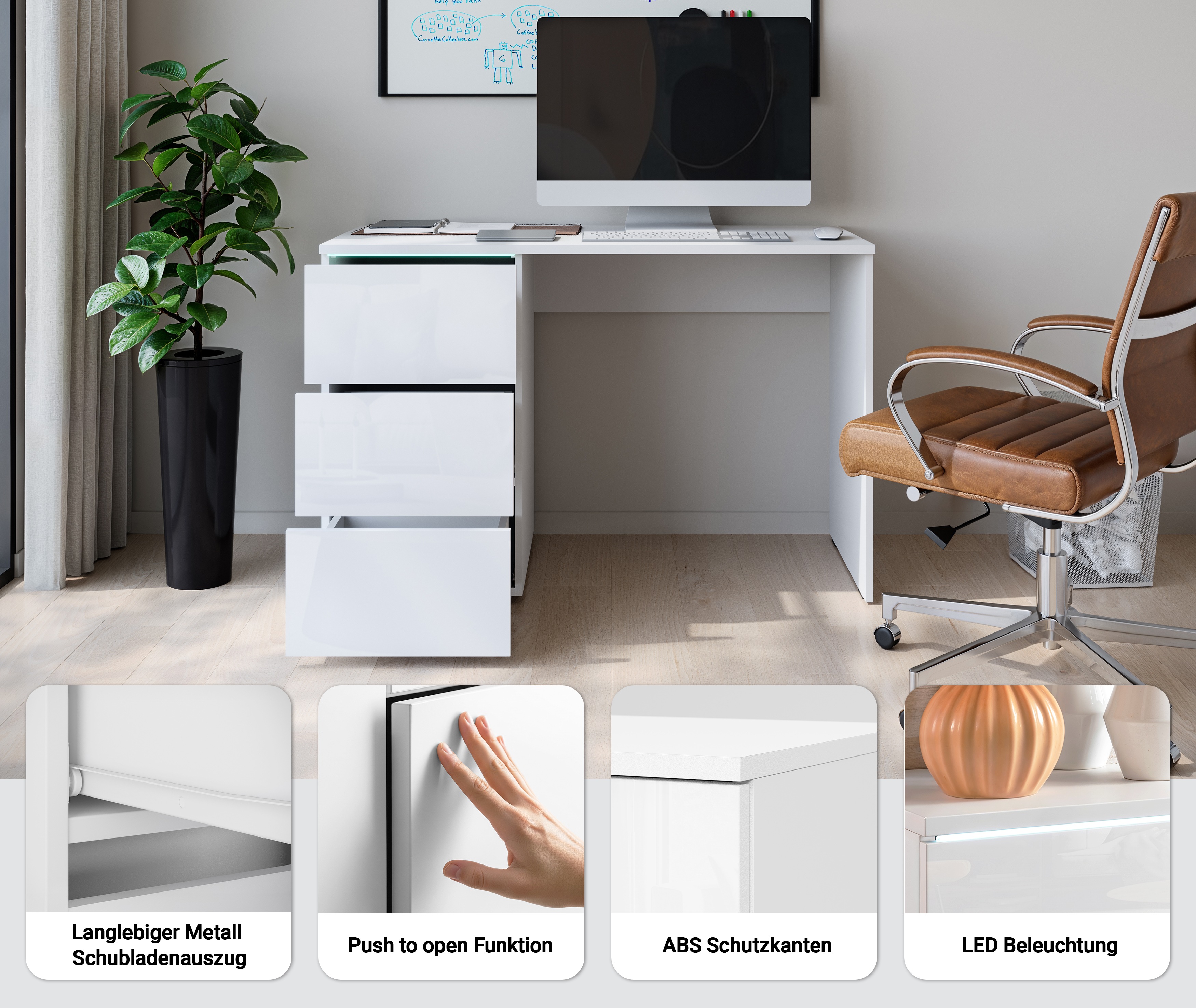 Thumbnail - INOSIGN Schreibtisch "Vera, Computertisch mit LED-Beleuchtung" 1 Stk. tlg. Moderner Schreibtisch, Push-to-Open, 3 Schubl...