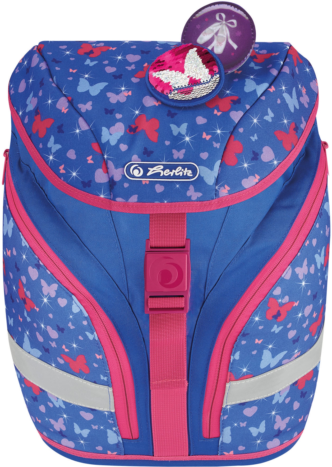 Herlitz Schulrucksack »SoftLight Plus Butterfly«, Reflektoren-Floureszierende Flächen, mit 2 abnehmbaren Applikationen