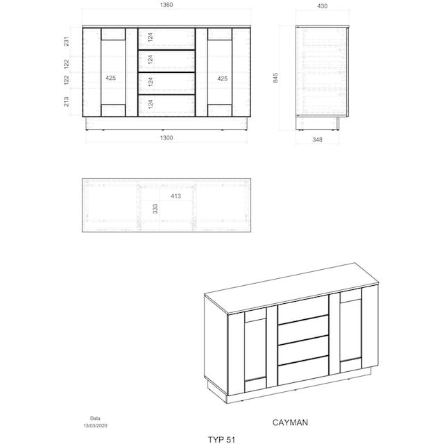 Places of Style Sideboard »Cayman«, Breite ca. 136 cm | BAUR | Mehrzweckschränke