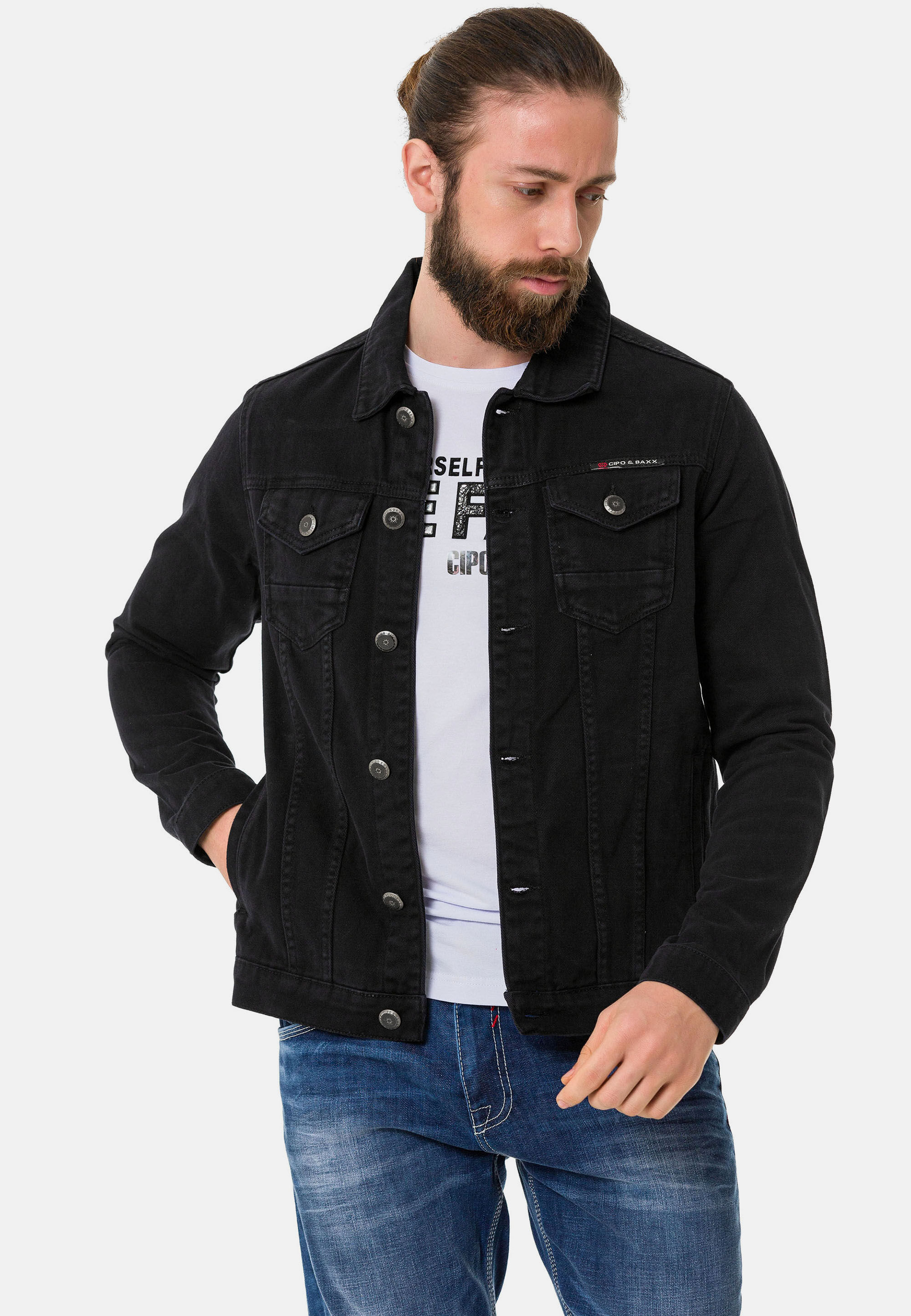 Cipo & Baxx Jeansjacke "CJ289" ohne Kapuze mit Knopfleiste