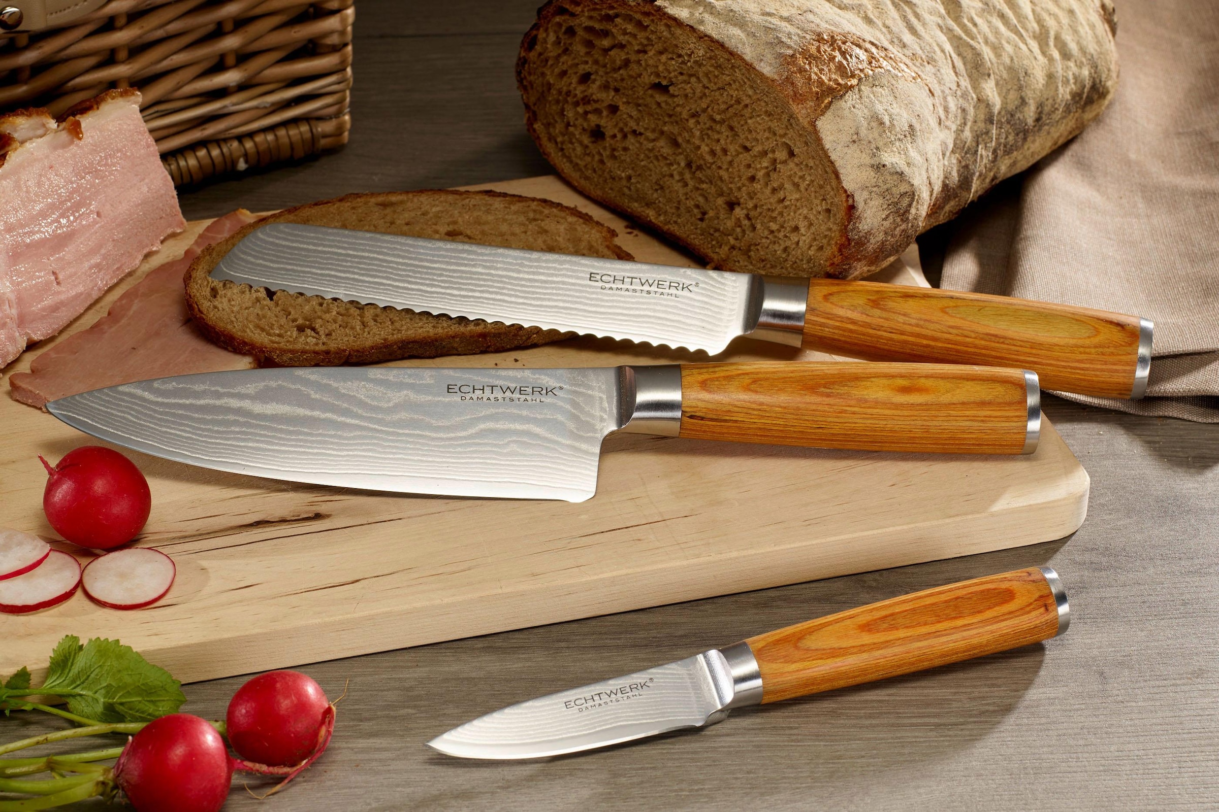 ECHTWERK Messer-Set »Damaszener« Küchenmesser-Set mit Holzgriffen in natürlicher Optik