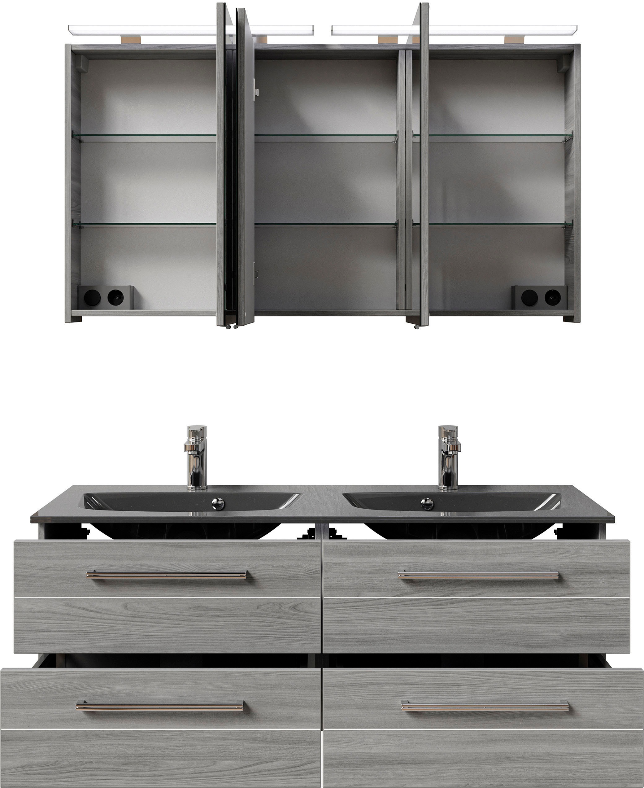 Saphir Badmöbel-Set »Serie 6025 2-teilig Mineralmarmor-Waschtisch mit LED-Spiegelschrank«, (2 St.), Waschplatz 132cm breit, 4 Schubladen, 2 Spiegel-Türen, inkl Türdämpfer