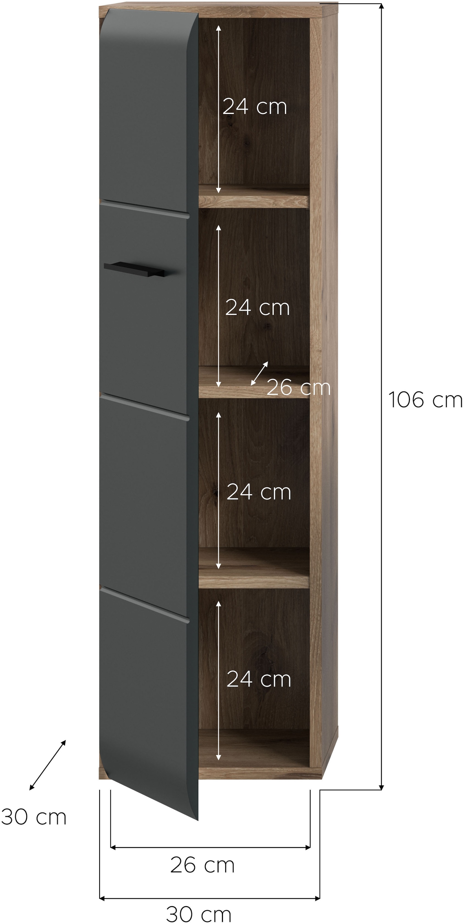 INOSIGN Stauraumschrank, (1 St.), Florenz, Badschrank Nox Oak NB, 106 cm hoch, 4 Fächer