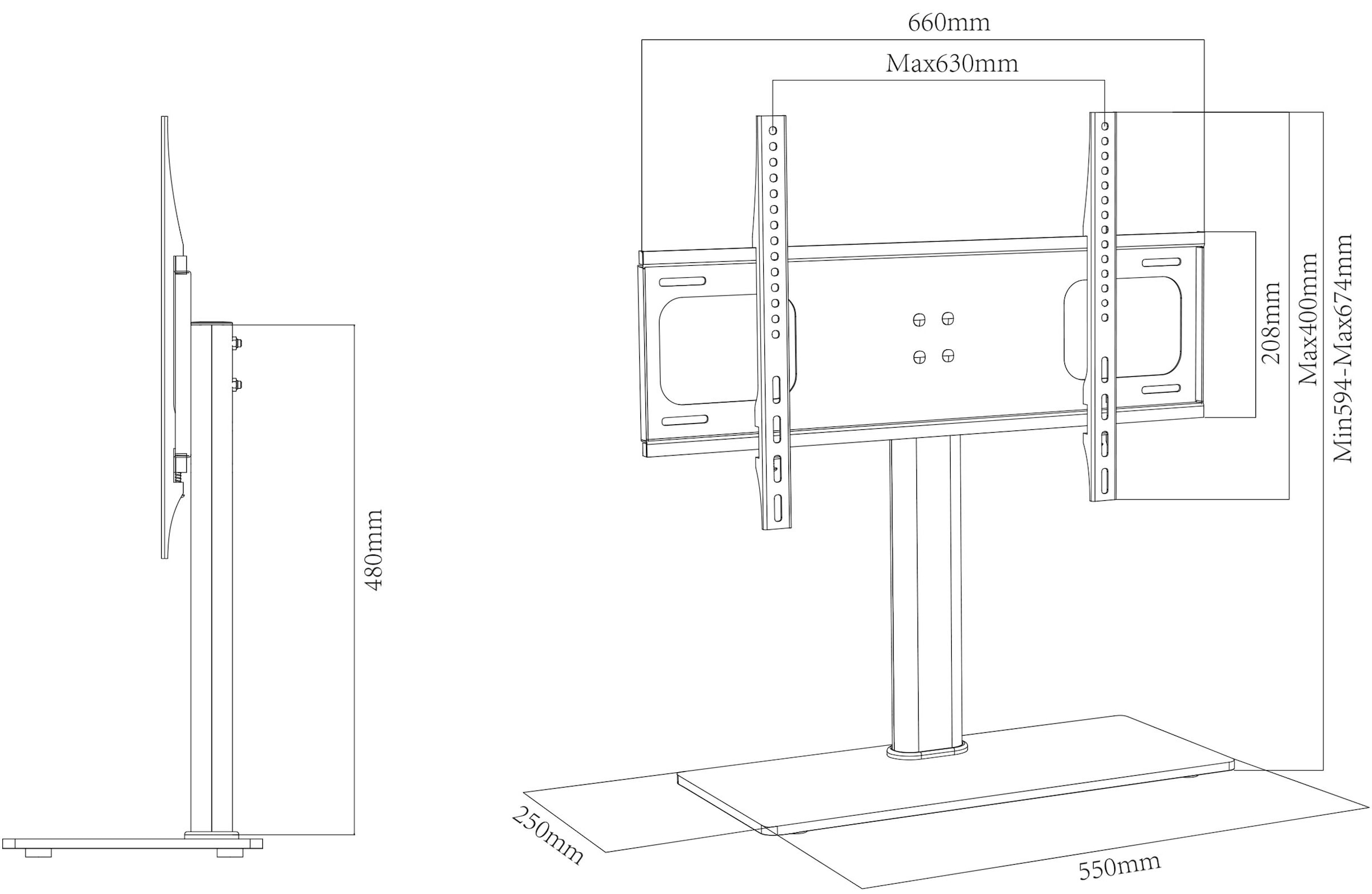 VCM TV-Rack »VCM TV Standfuß | Aufsatz Erhöhung | Alu Fernseh Ständer | ESG-Sicherheitsglas | Maße ca. H. 67 x B. 66 x T. 25 cm - B-TTS-600«, (VCM B-TTS)