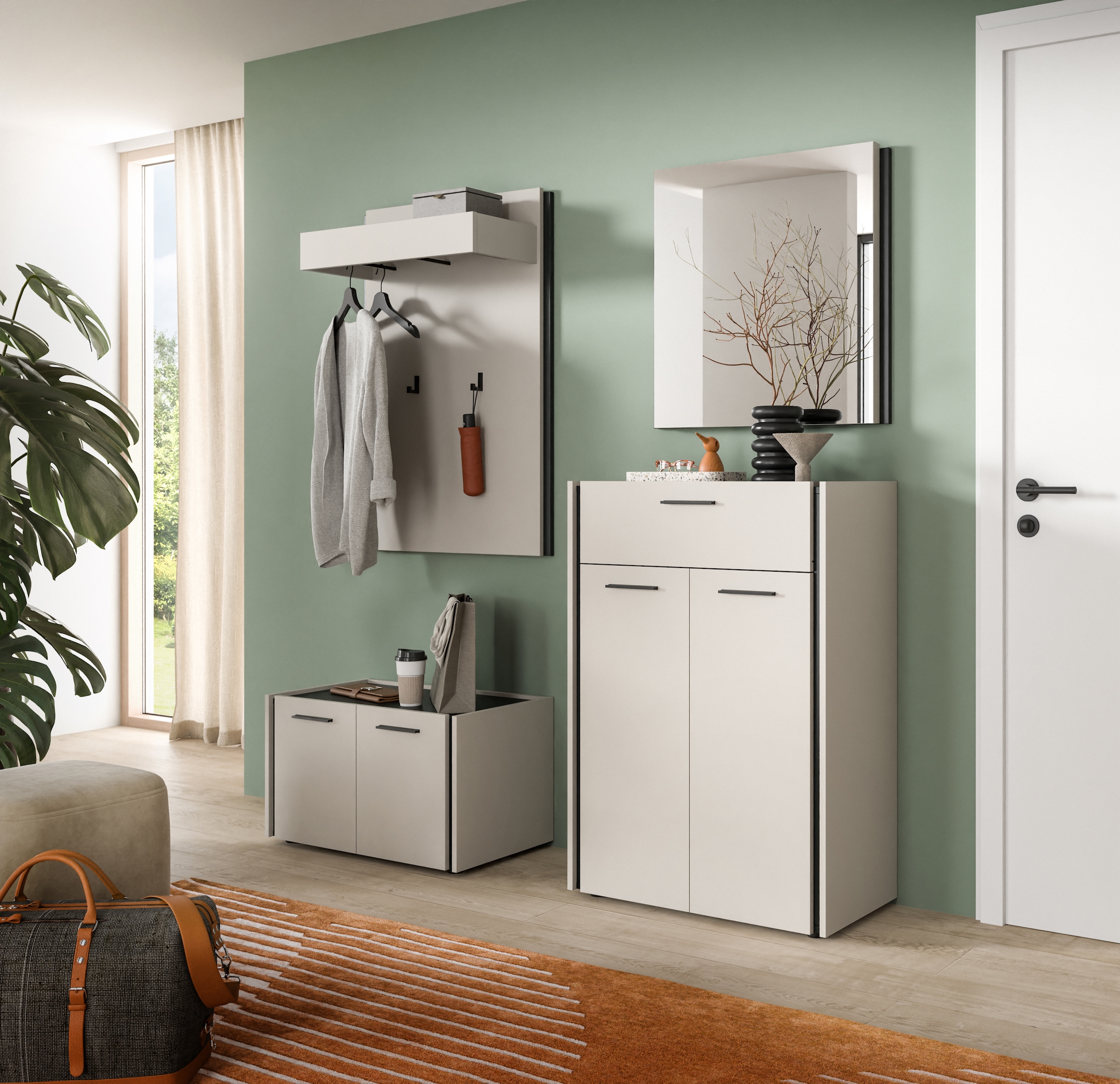 Home affaire Garderoben-Set »RAK, 4-teilige Garderoben-Kombination, Breite ca. 165 cm« Sitzbank, Garderobenpaneel, Schuhkommode, Spiegel, 4 Stk. tlg.