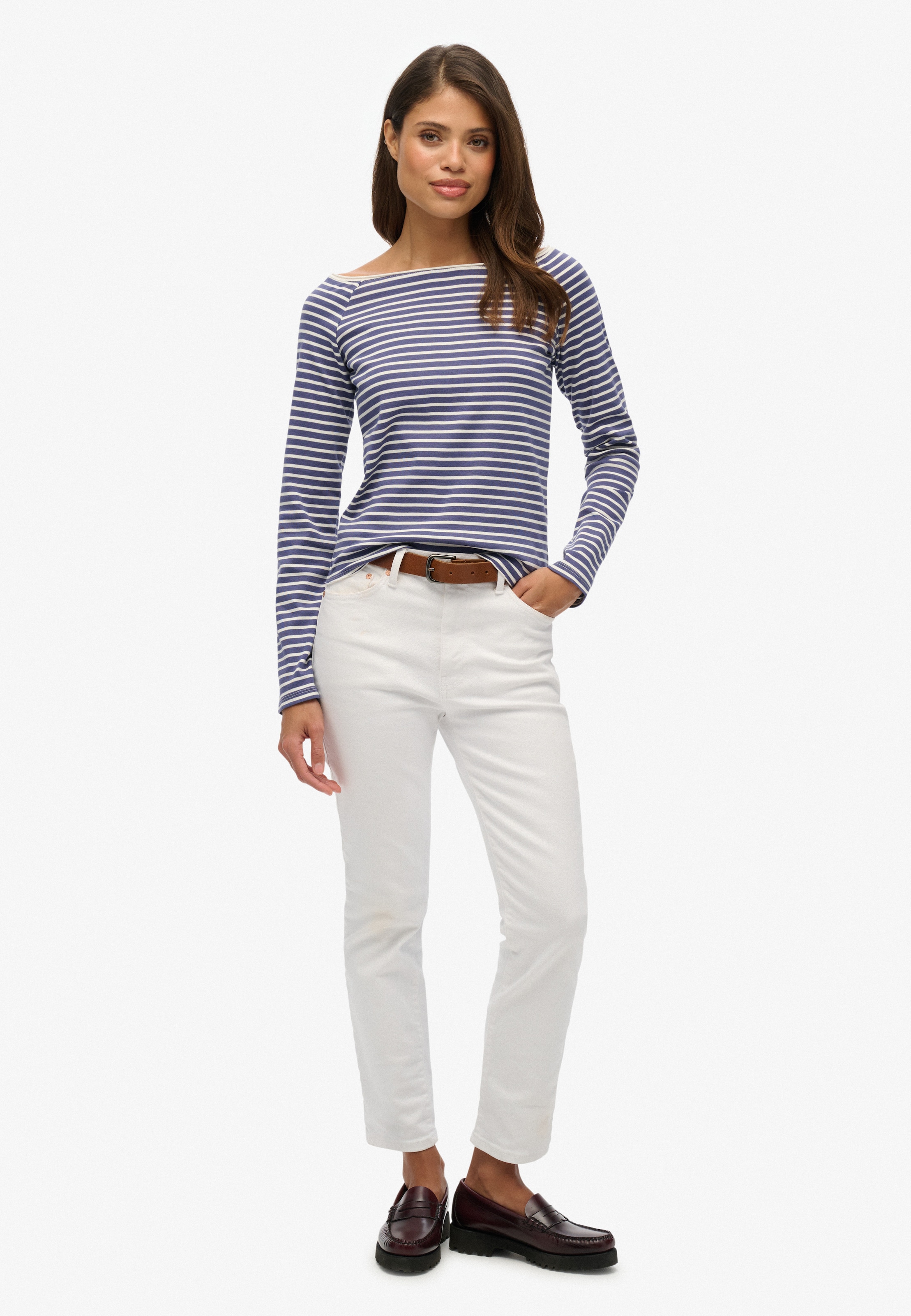 Superdry Langarmshirt »BARDOT OFF SHOULDER TOP« mit U-Boot Ausschnitt und Wellenkante am Bund, gesticktes Logo am Saum