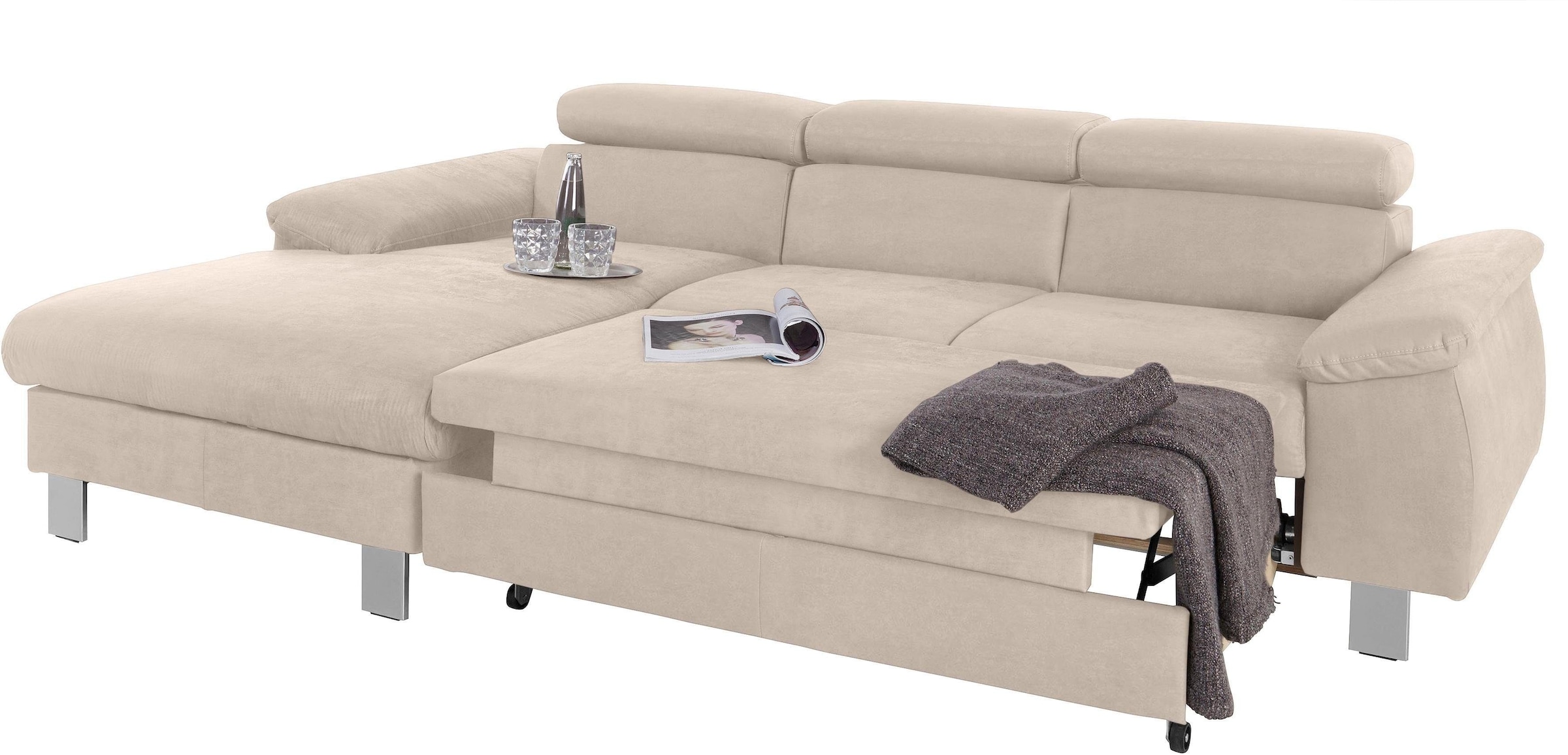 COTTA Polstergarnitur »Komaris L-Form, B: 242 bzw. 100 cm (Set: Ecksofa & Hocker)«, (Set), mit Kopfteilverstellung, optional Bettfunktion, Bettkasten & Licht