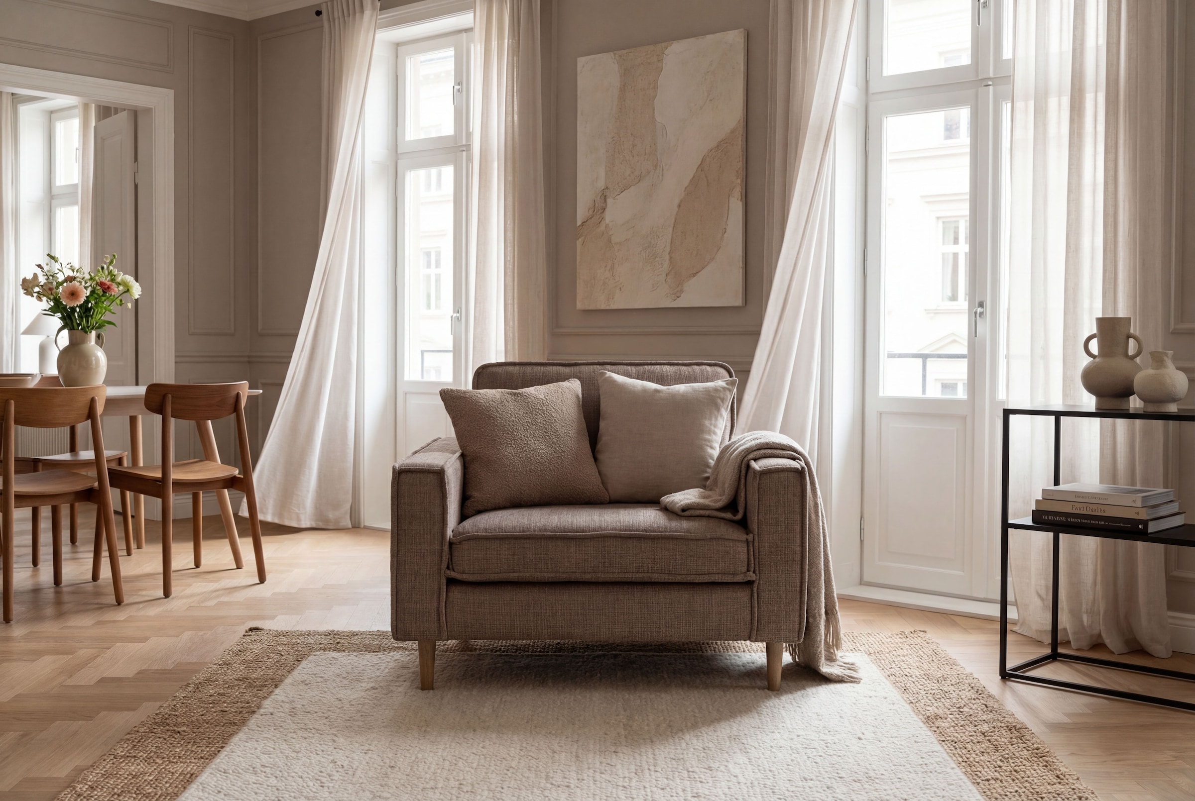 OTTO home Loveseat "Pinto Skandi 105 cm, Chenille, Struktur" mit Keder, Massivholzfüße Eiche geräuchert