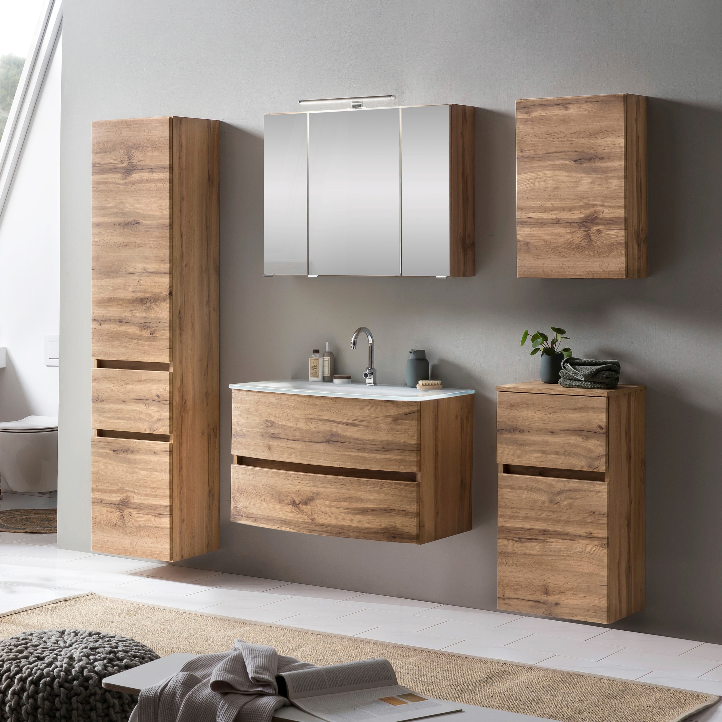 welltime Badezimmer-Set »Kaunas«, (Set, 5 St.), bestehend aus Waschtisch-Set mit Seitenschrank, Breite 160 cm