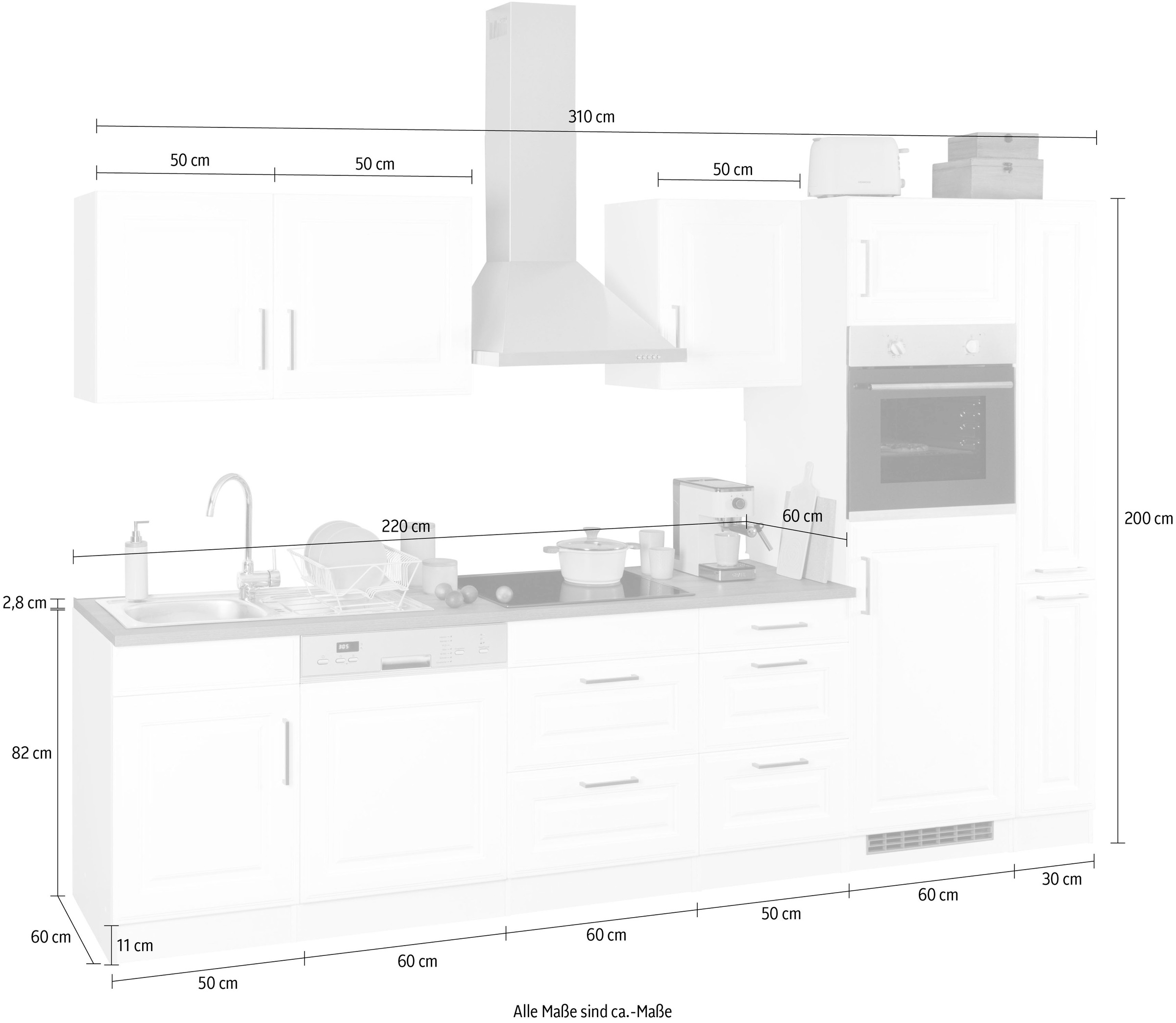 HELD MÖBEL Küchenzeile »Stockholm«, Breite 310 cm, mit hochwertigen MDF Fronten im Landhaus-Stil