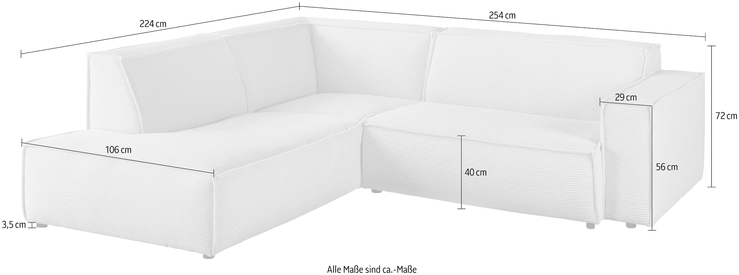 3C Candy Ecksofa »Matteo L-Form«, mit auffälliger Kedernaht, Cord-Bezug, Lounge-Charakter