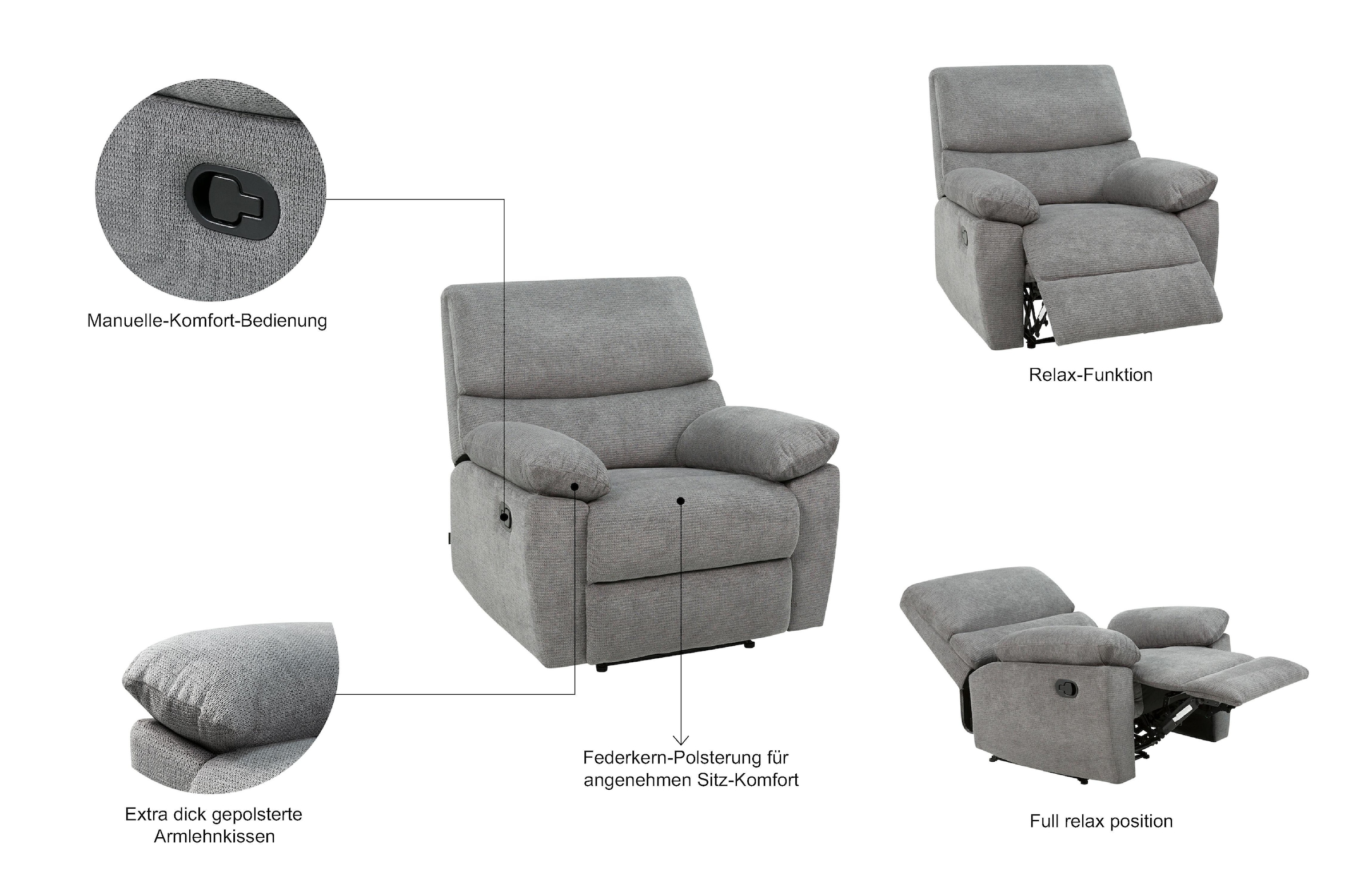 Home affaire Relaxsessel »LANNOY, TV-Sessel, elektr. o. manuelle Relaxfunktion, USB A/C,«, Sessel mit Liegefunktion 105°-150°, Federkernpolsterung
