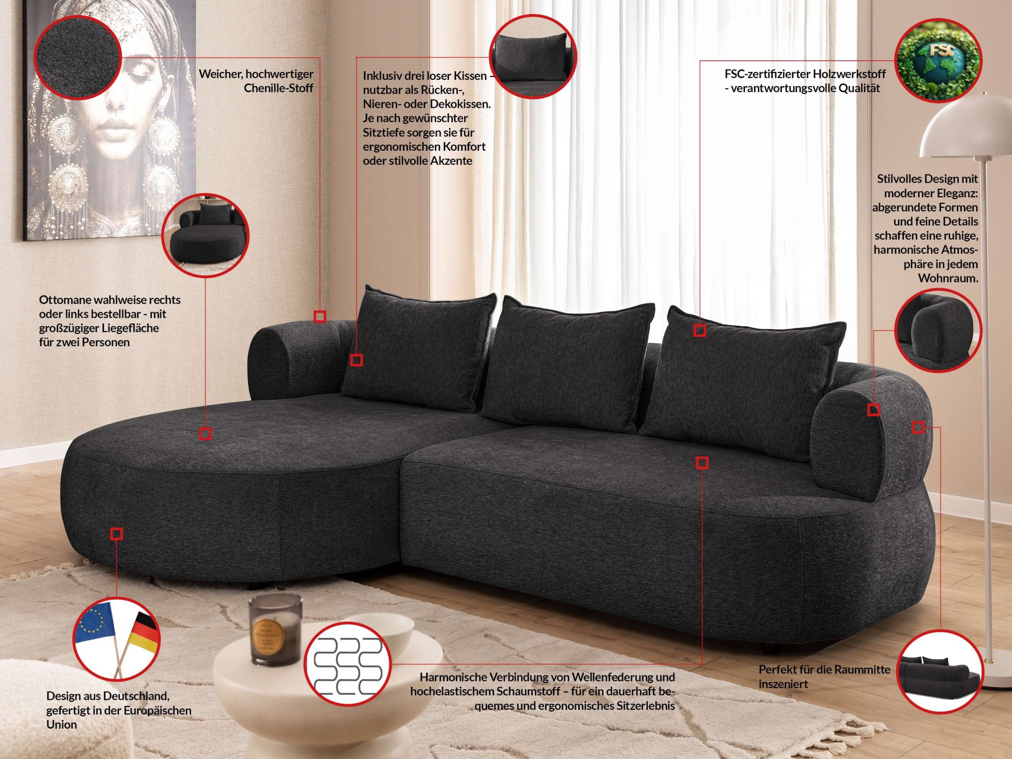 Home affaire Ecksofa »LUSSAC L-Form Design-Sofa mit Zierkissen, Maße B/T/H: 257/159/78 cm« hoher Sitzkomfort und modernes Design, Sofa ohne Bettfunktion