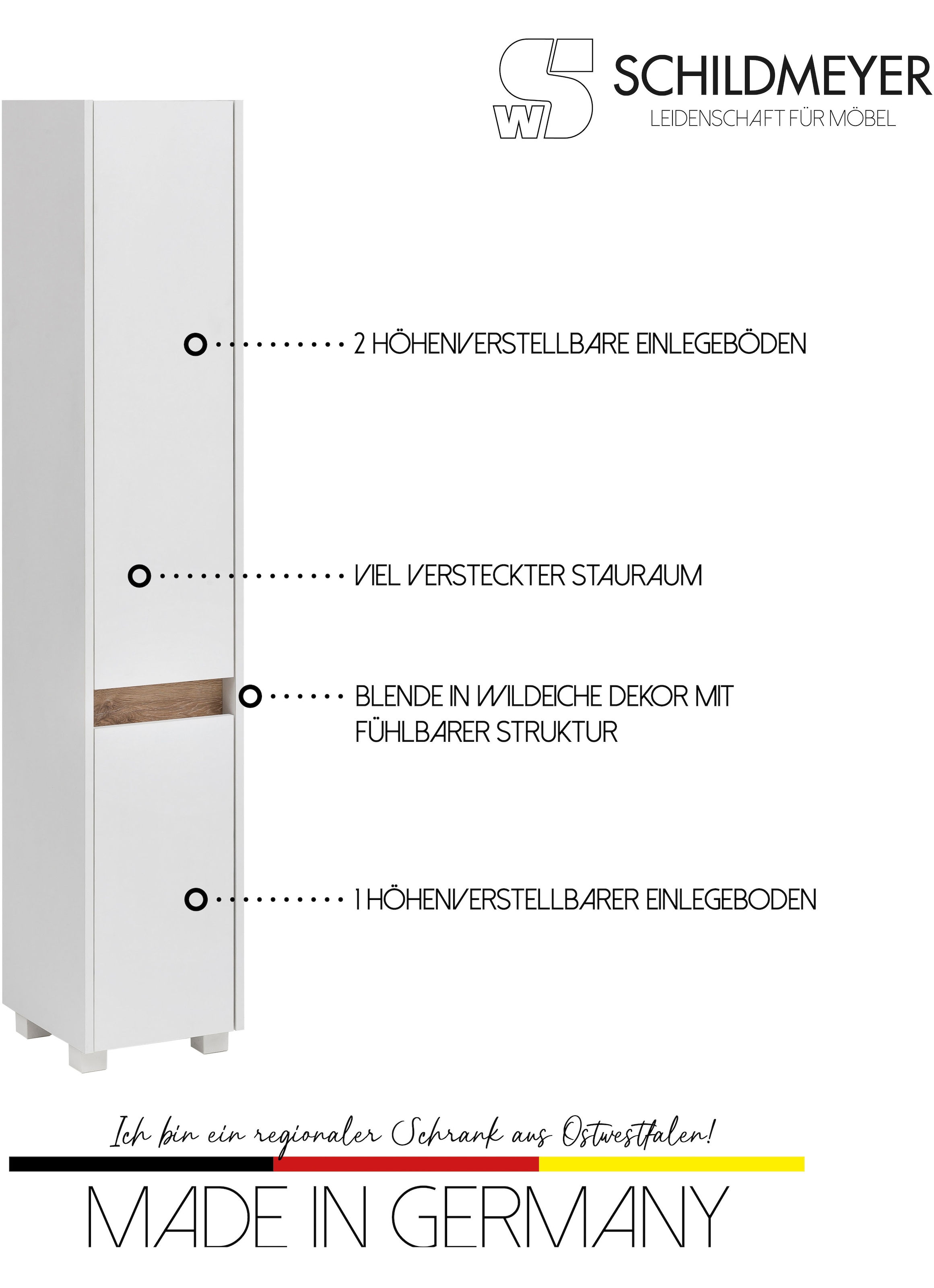 Schildmeyer Hochschrank »Cosmo in verschiedenen Farben made in Germany«, Höhe 164,5 cm, Badezimmerschrank, Blende im modernen Wildeiche-Look