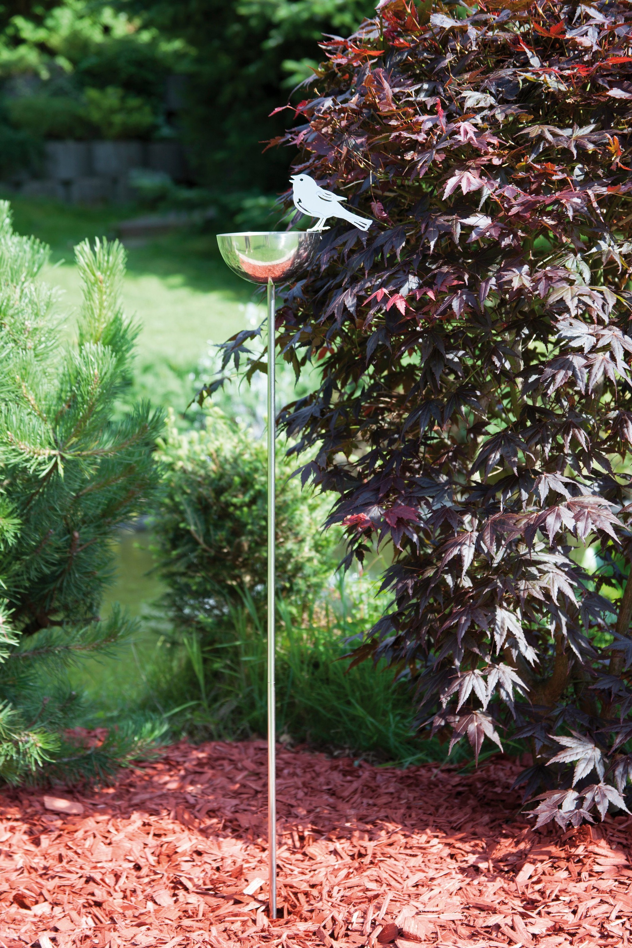 Gartenstecker Vogeltränke aus Edelstahl, wetterbeständig