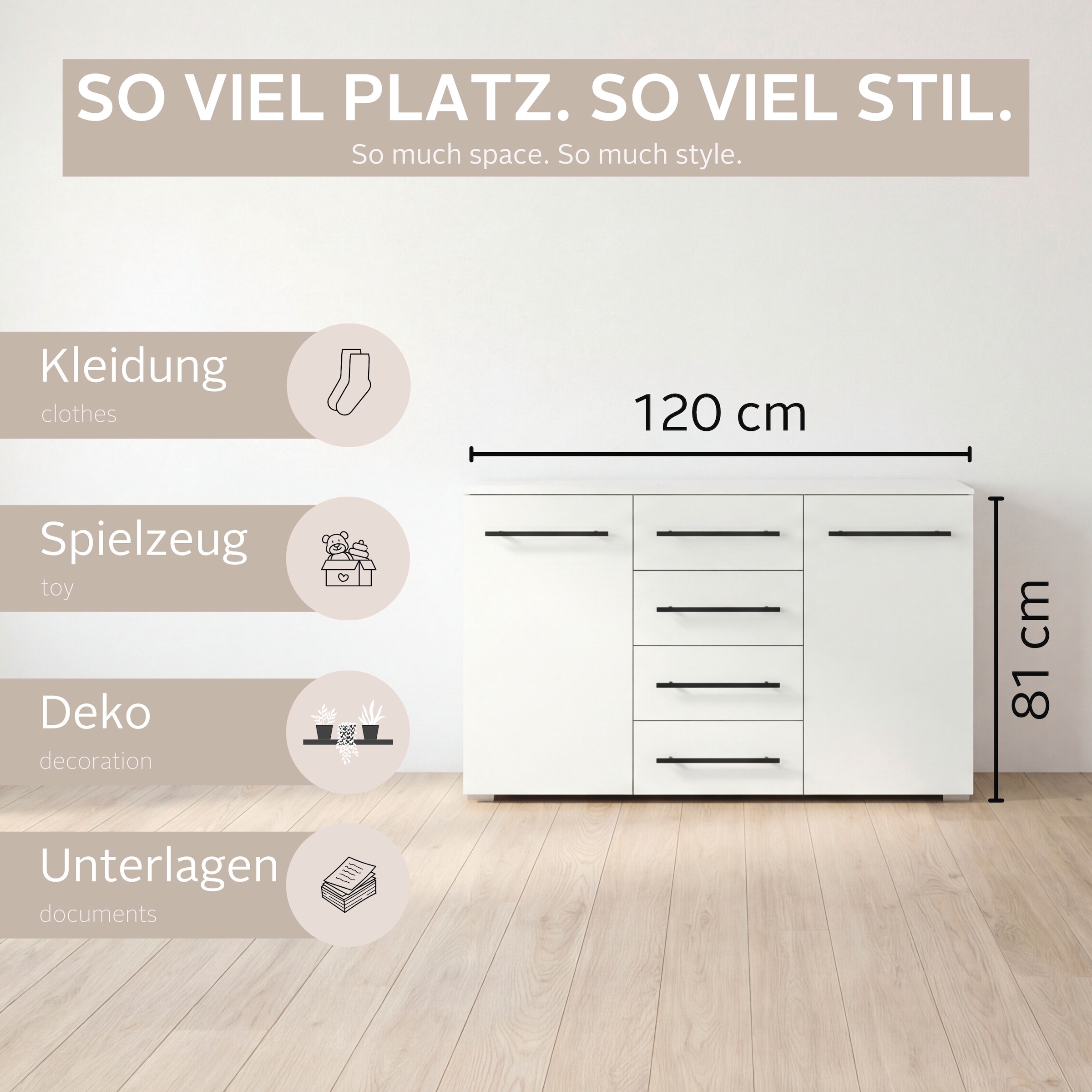 OTTO home Kombikommode »Sideboard Türkommode Schubladenkommode Kommode RONDO« Breite 120 / Höhe 81 cm, 4 Einlegeböden,  mit 4 geräumigen Schubladen Metallgriff in Schwarz MADE IN GERMANY