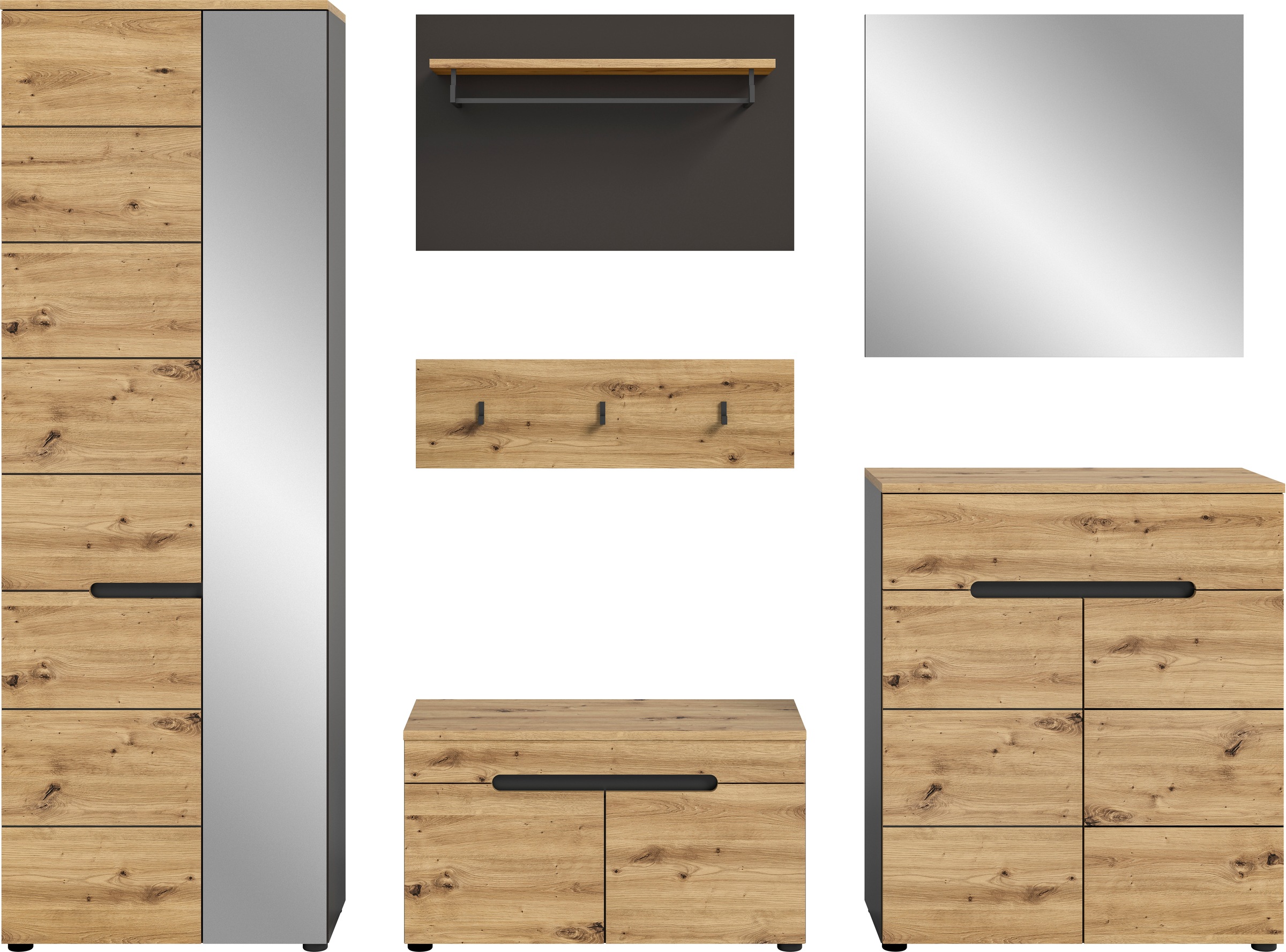 INOSIGN Garderoben-Set »Garderobenkombination Rehat, Breite 255cm,in Basalt grau/Artisan Eiche«, (6 St.), Flurmöbel, Dielenmöbel, Kombination, Diele, Garderobe, Garderobenmöbel