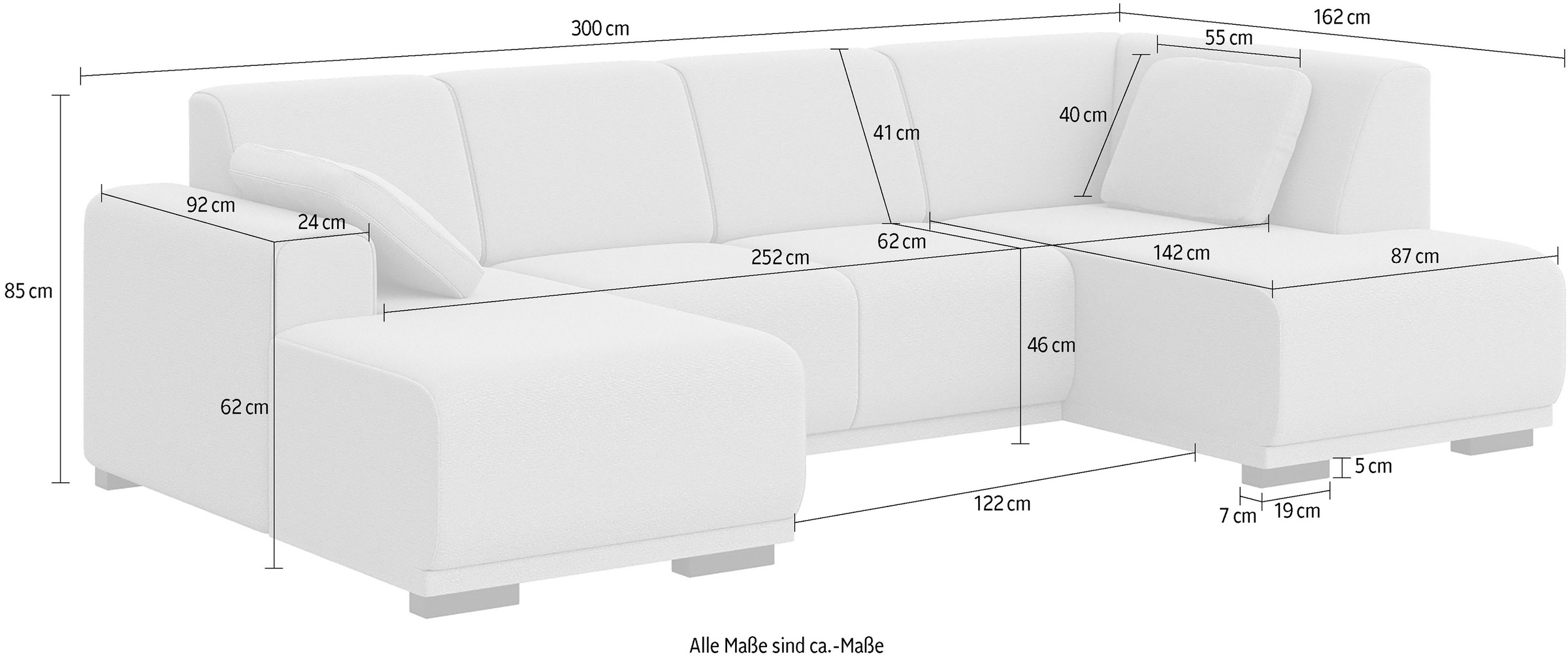 Home affaire Wohnlandschaft »BORNHOLM U-Form mit Recamiere rechts/links, B/T/H: 300/162/85 cm«, U-Form mit Wellenunterfederung, Recamiere rechts oder links bestellbar