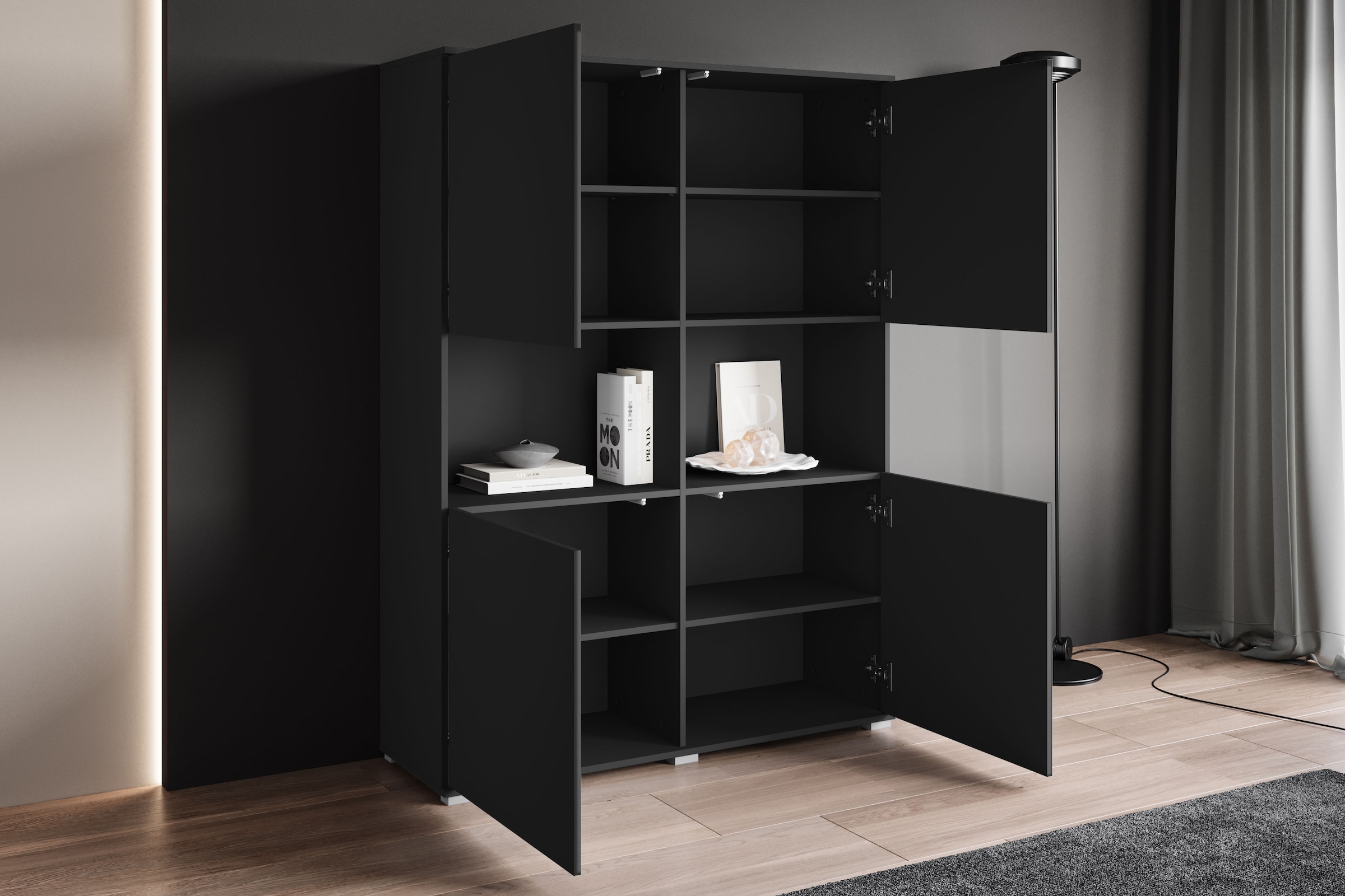 OTTO home Highboard »Kenia Schrank, 120 cm breit, mit 4 Türen und 2 offenen Fächern« 1 Stk. tlg. Griffloses Design mit Push-to-Open und verstellbaren Einlegeböden