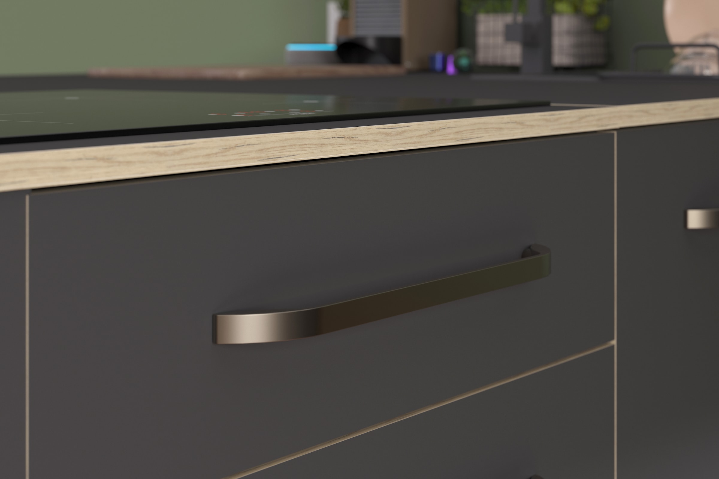 Parisot Schrank-Set »Wave 1, Küchenschrank, Buffetset, Küche«, (Set, 9 St., 4xUnterschrank, Theke/Arbeitsplattenergänzung.,3x Hochschrank, Regal), Türen mit Softclose Funktion, Thekenplatte aus Eiche - funiert