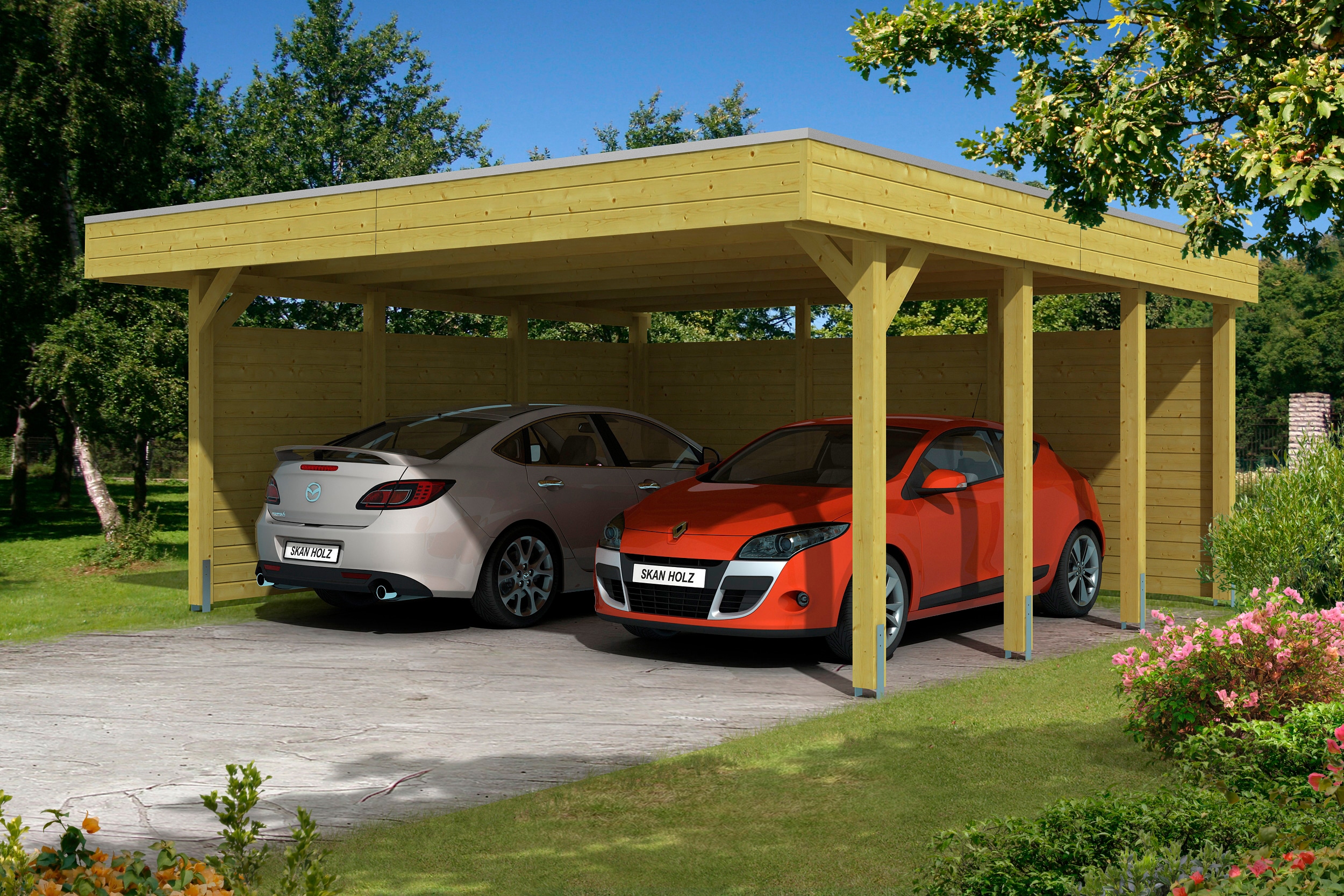 Skanholz Doppelcarport "Friesland 3" Massivholz 514 cm braun mit Seiten- und Rückwänden