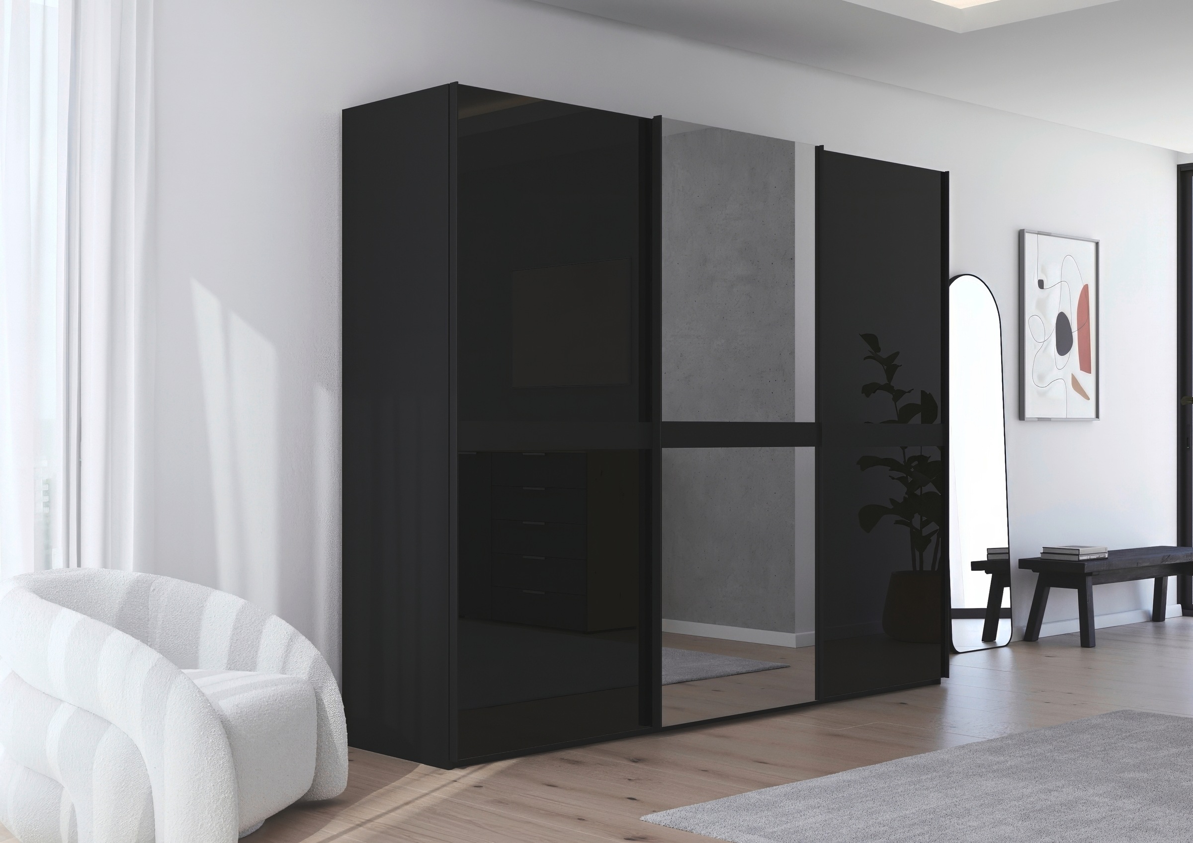 rauch Schwebetürenschrank »Kleiderschrank Schrank Garderobe Schlafzimmerschrank SCALE-LINE«, edle Optik mit Bauchbinde mit Glas/Spiegel-Front MADE IN GERMANY