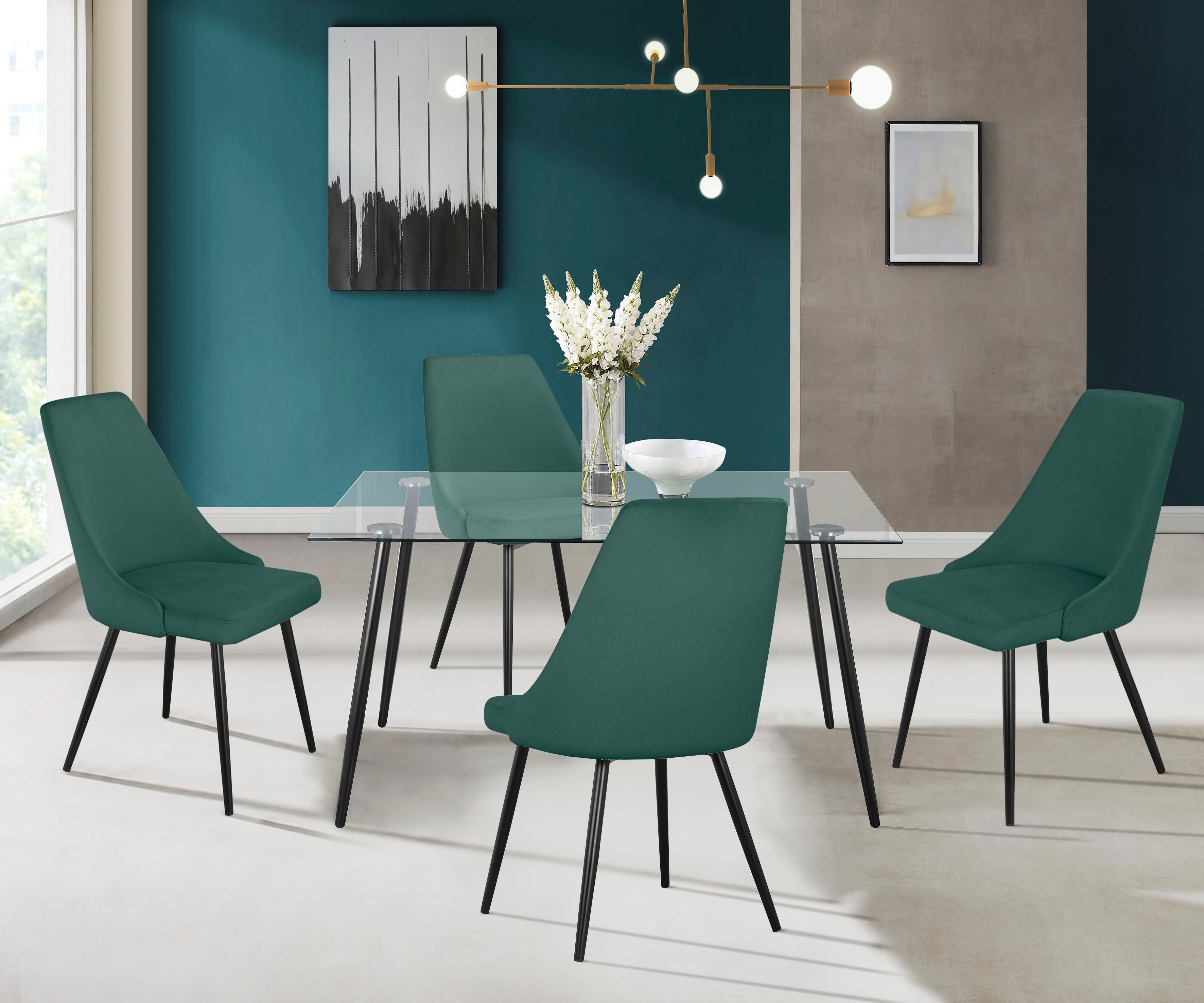 OTTO home Essgruppe "Danny-Malio" Set, Set 140 cm, 5 Stk. tlg. Glastisch 140x80 cm mit 4 Stühlen (Veloursstoff), Gestell aus Metall
