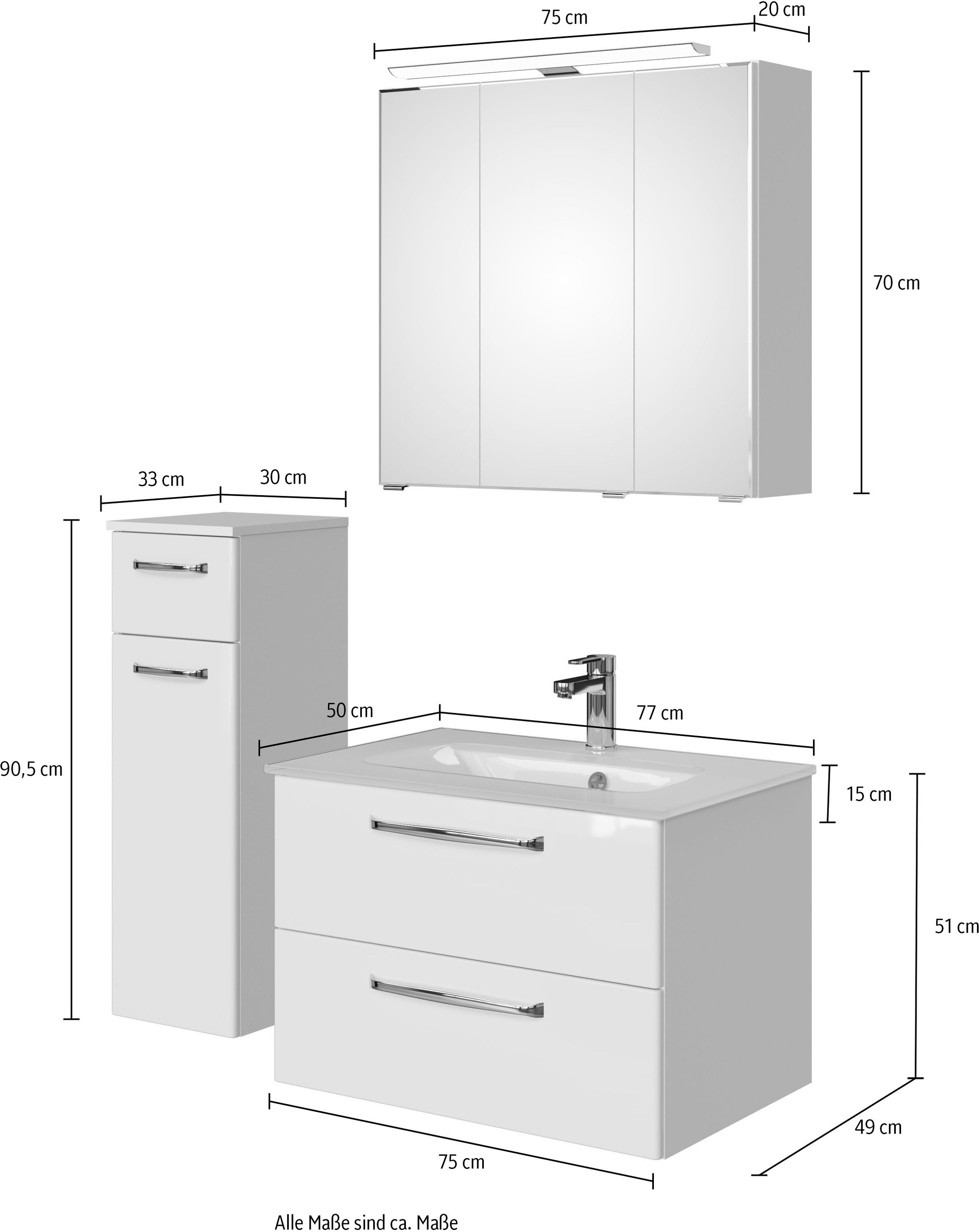 Saphir Badmöbel-Set »Badmöbel-Set Trentino 3-teilig Glas-Waschtisch mit LED-Spiegelschrank«, (4 St.), Badezimmer-Set mit Unterschrank inkl. Türdämpfer